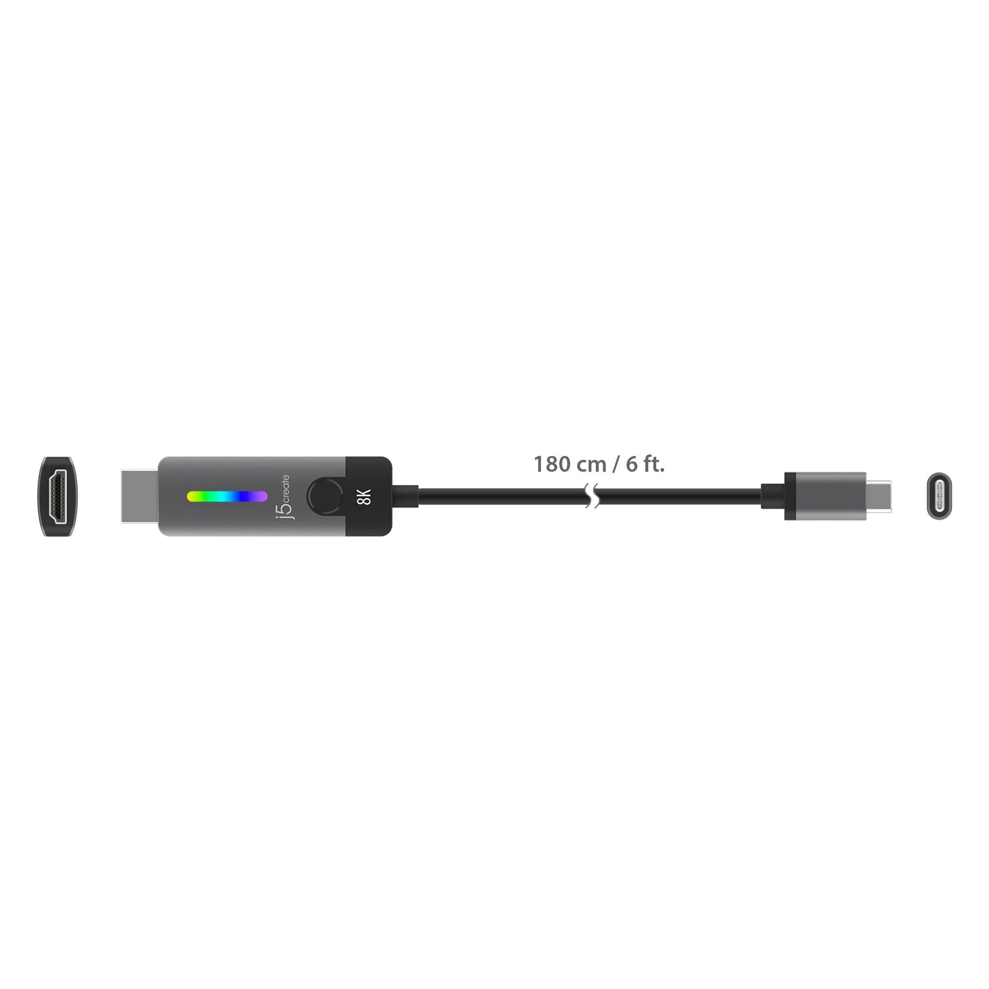 Un adaptador HDMI 8K con un cable negro y un conector USB-C en un extremo y HDMI en el otro.