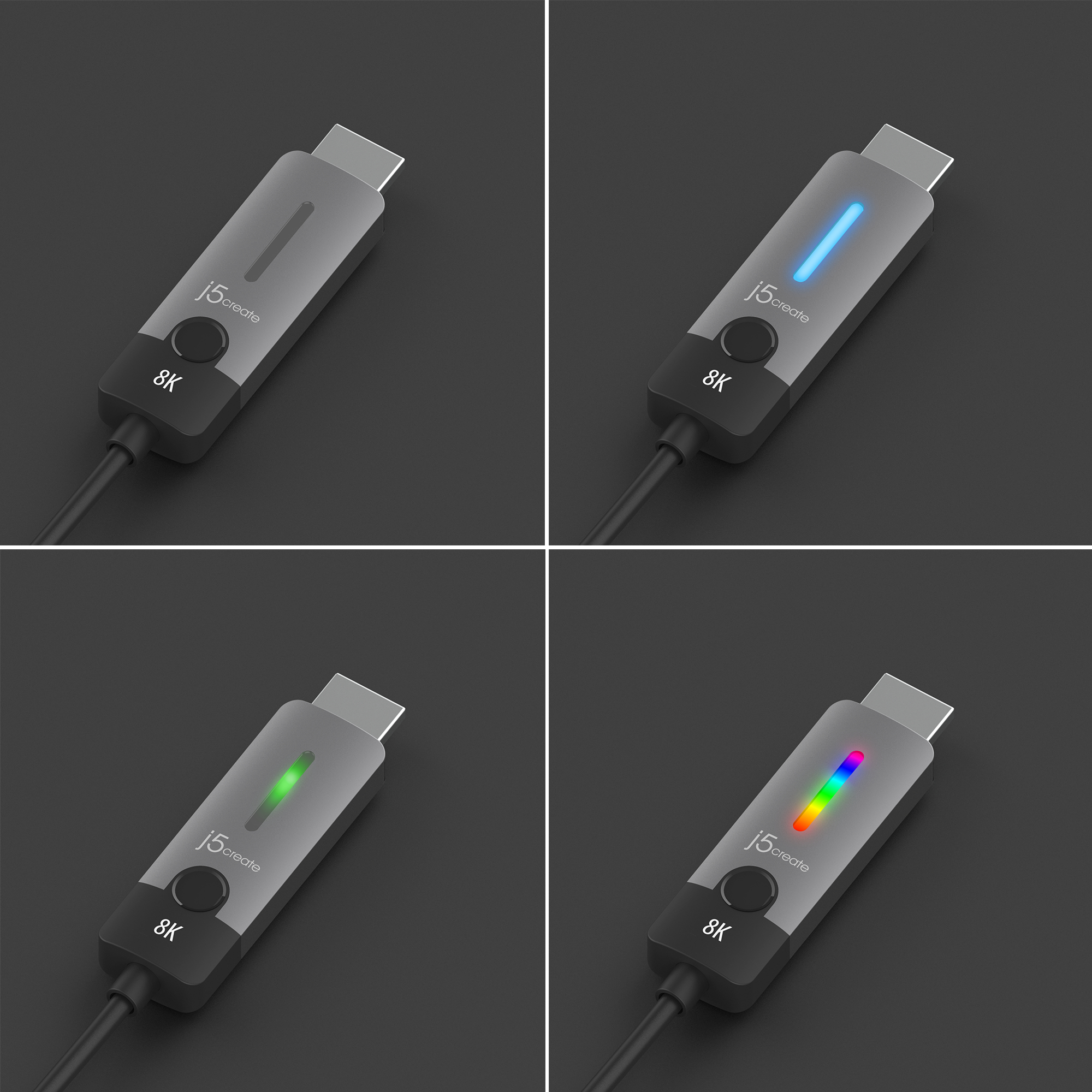 Cuatro imágenes de un adaptador HDMI con diferentes colores LED: Apagado, azul, verde y multicolor.