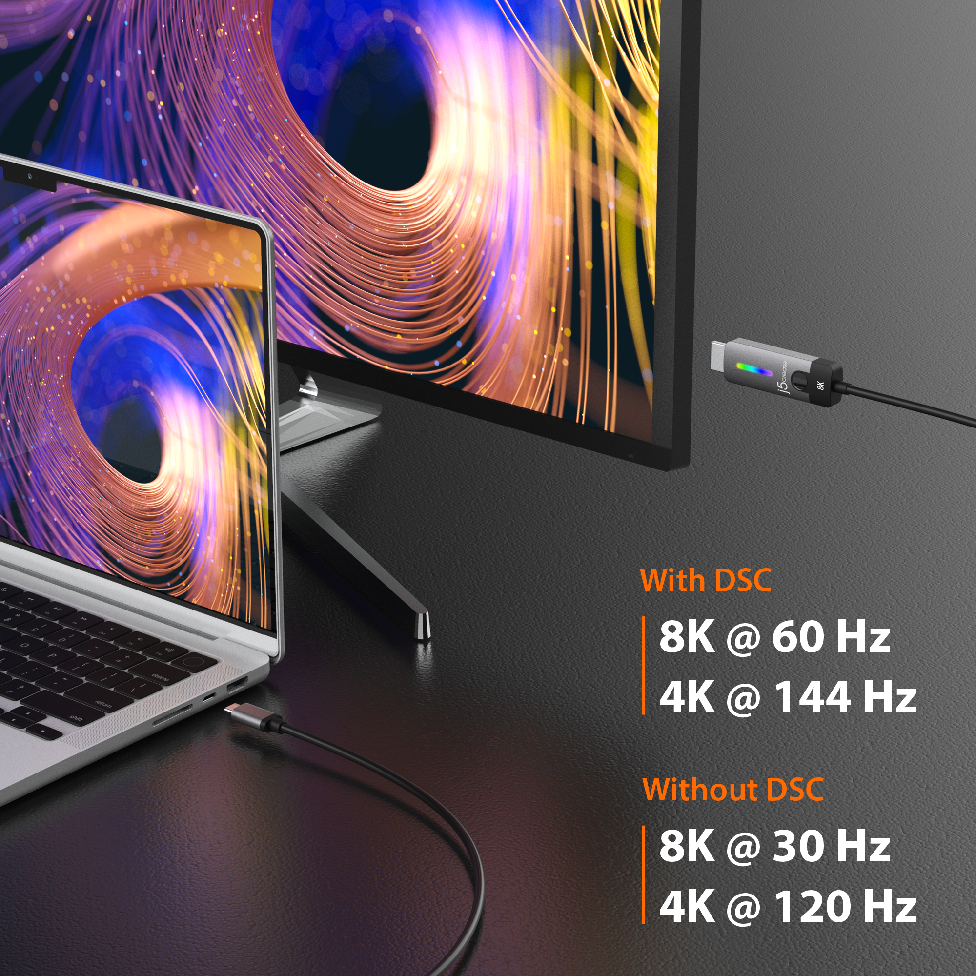 Ordenador portátil y monitor conectados por cable; texto muestra 8K@60Hz y 4K@144Hz con DSC.