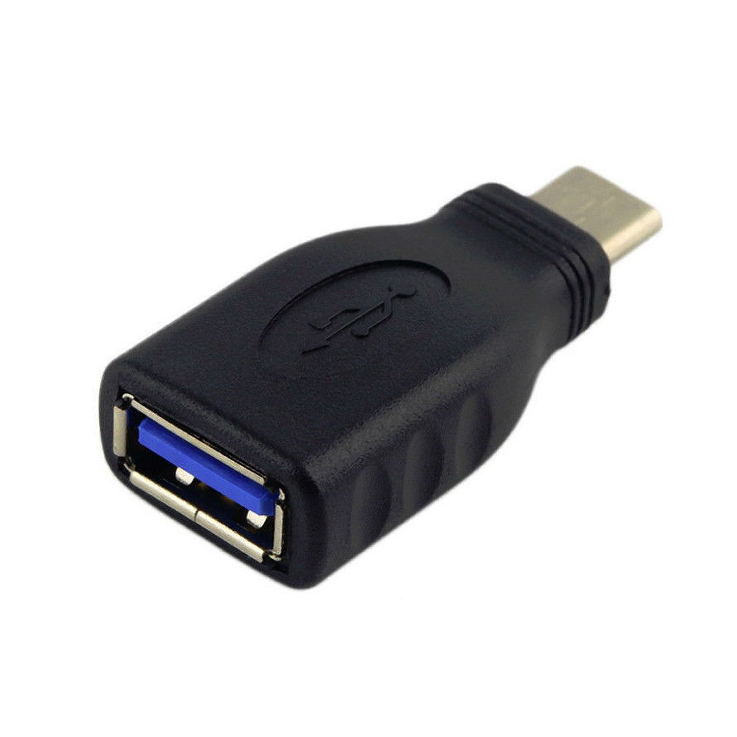 Un adattatore USB nero con una porta USB-A femmina e una porta USB-C maschio.