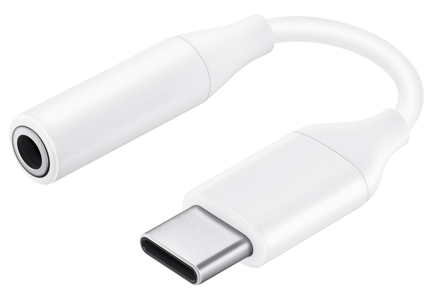 Biała przejściówka z USB-C i żeńskim gniazdem audio, do podłączenia słuchawek.