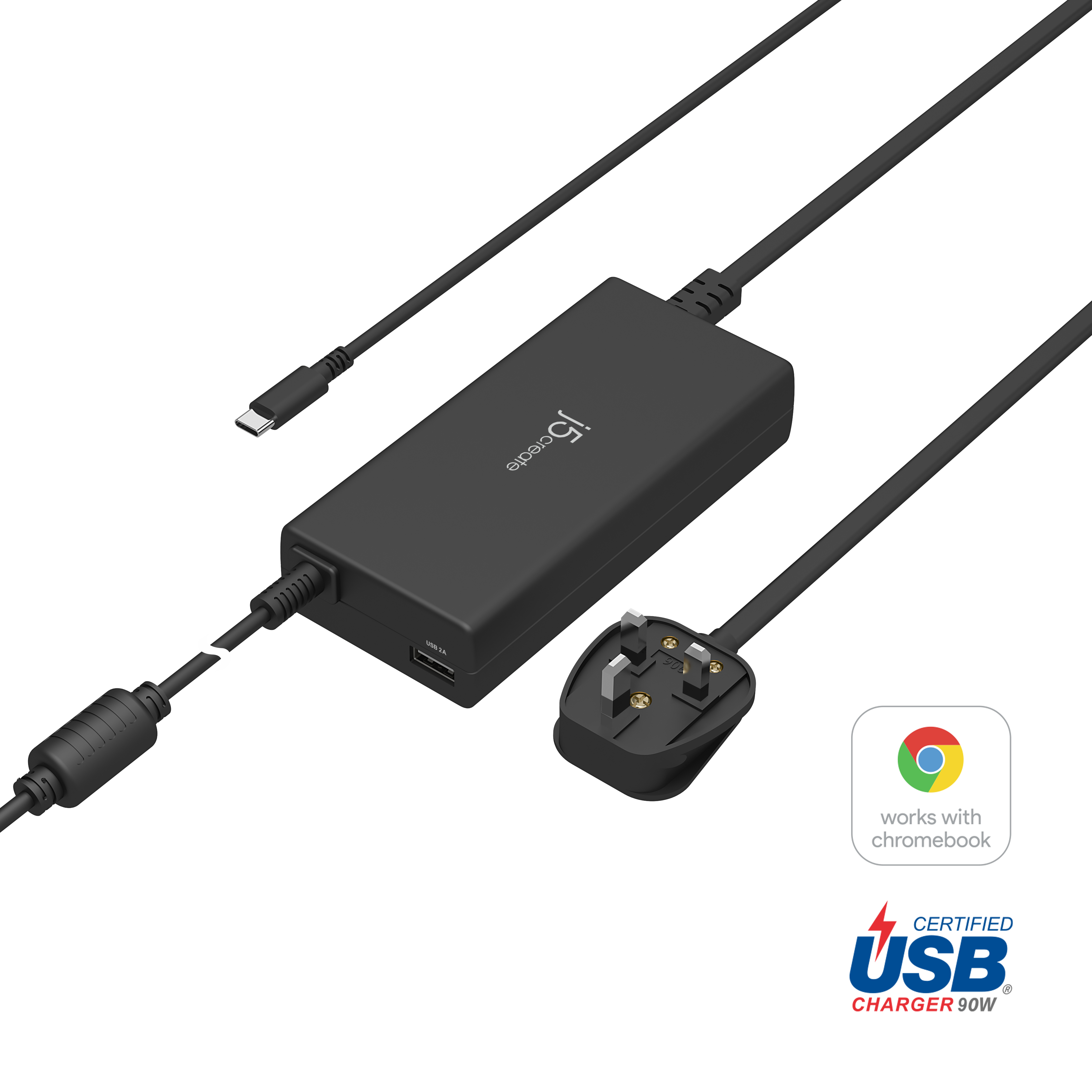 Schwarzes Netzteil mit mehreren Kabeln, einem USB-Anschluss und einem UK-Stecker. Weißer Hintergrund.