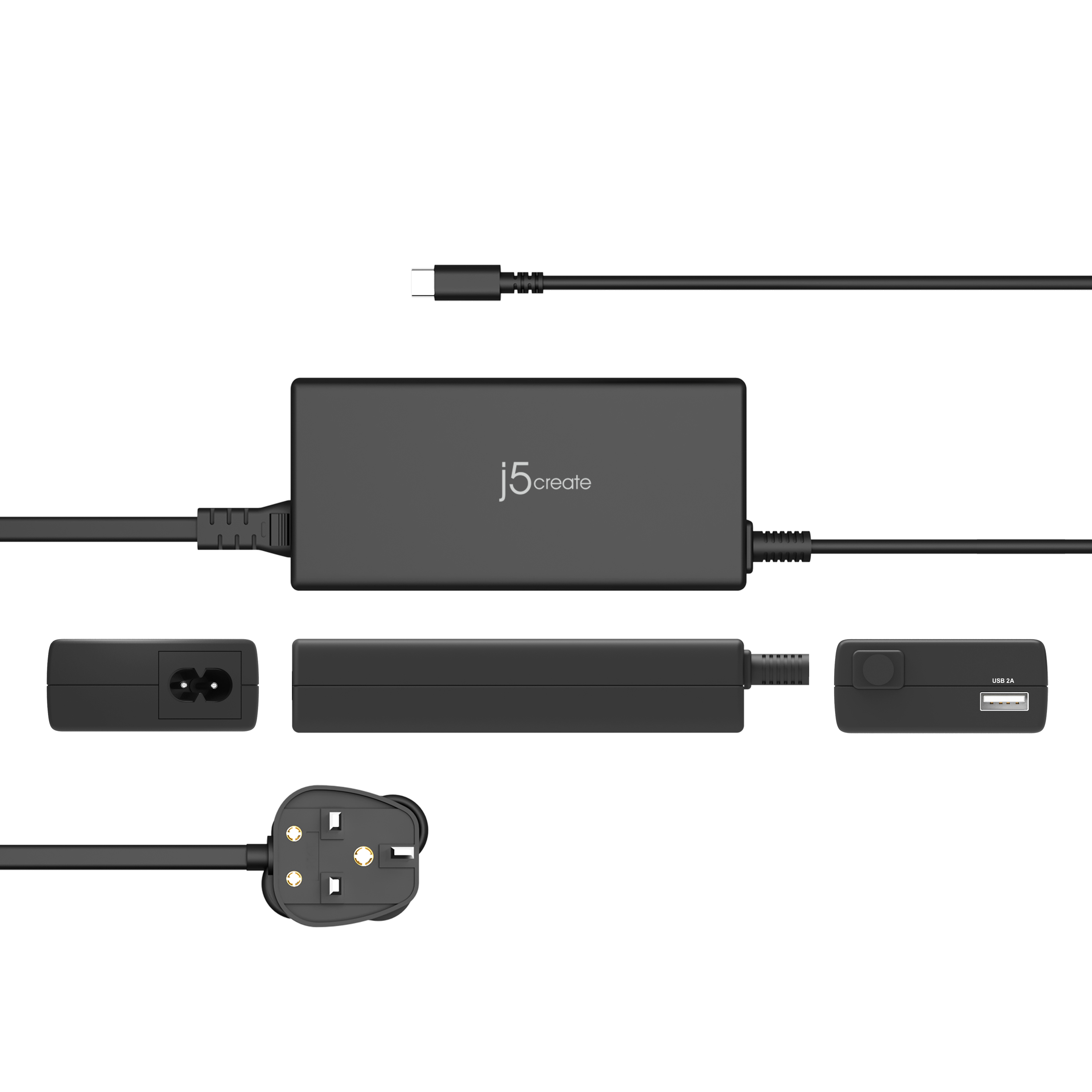Schwarzes j5create Netzteil. Verschiedene Stecker und ein USB-Anschluss sind sichtbar.