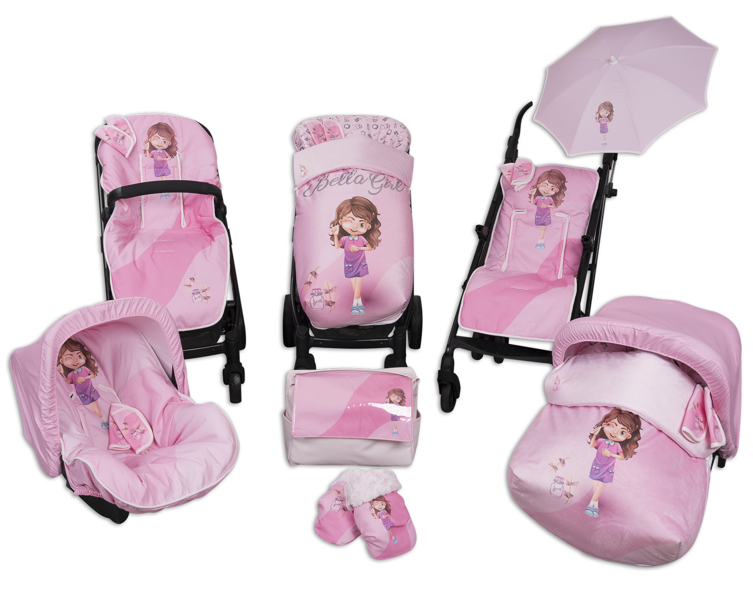Set de equipo para bebé rosa con ilustración de niña. Incluye cochecito, asiento de coche y accesorios.