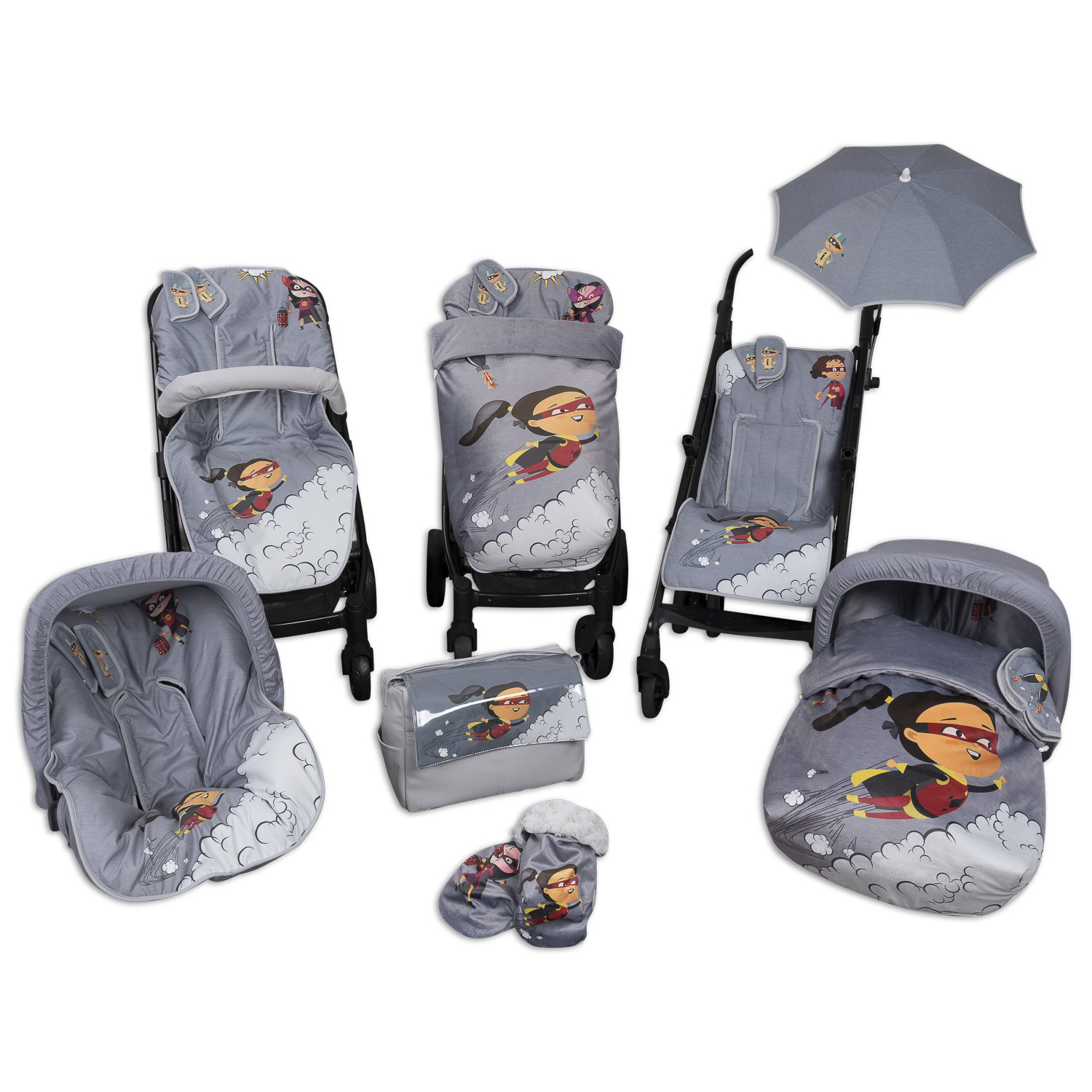 Juego de accesorios para bebés con temática de superhéroes. Incluye cochecito, asiento de coche, bolso y más.