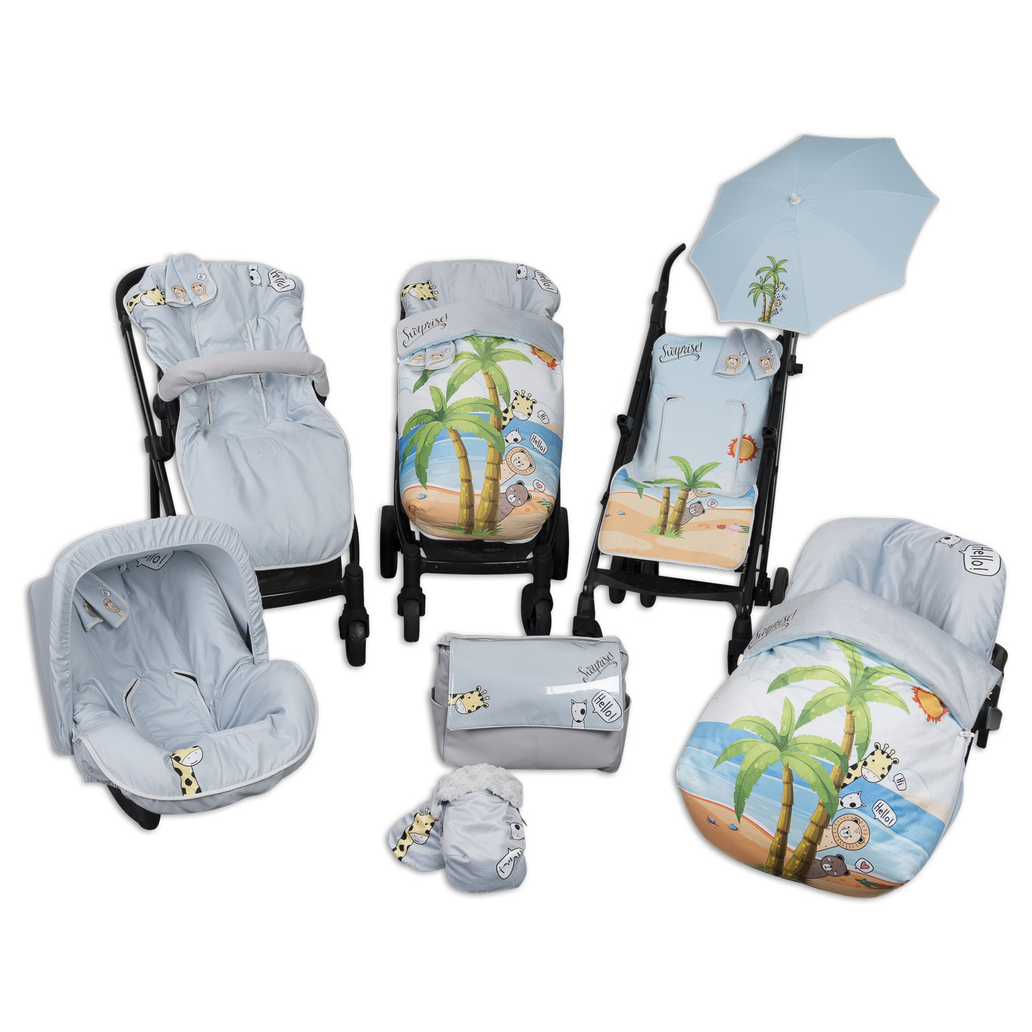 Set de cochecito de bebé con detalles azules y tema de jirafa/playa. Incluye cochecito, sombrilla y accesorios.