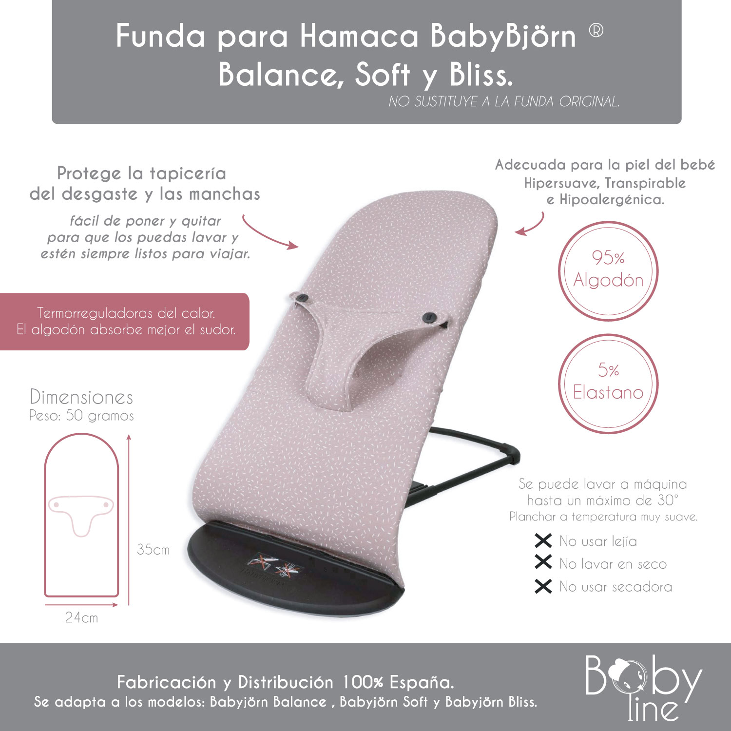 Saltador de bebé blanco y rosa claro con texto y un diagrama. El texto está en español.