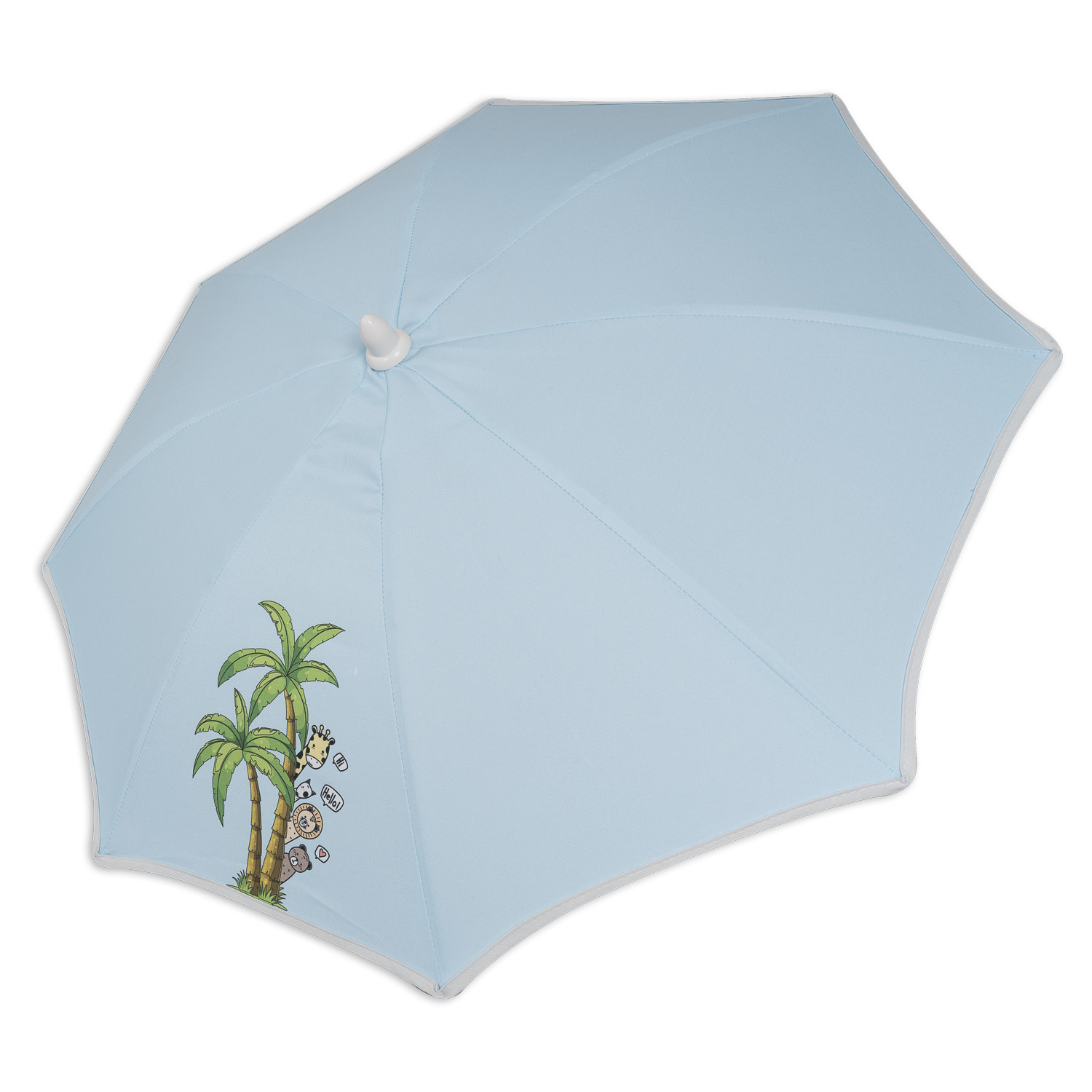 Sombrilla de bebé azul claro con palmeras y personajes de dibujos animados. Ribete blanco.