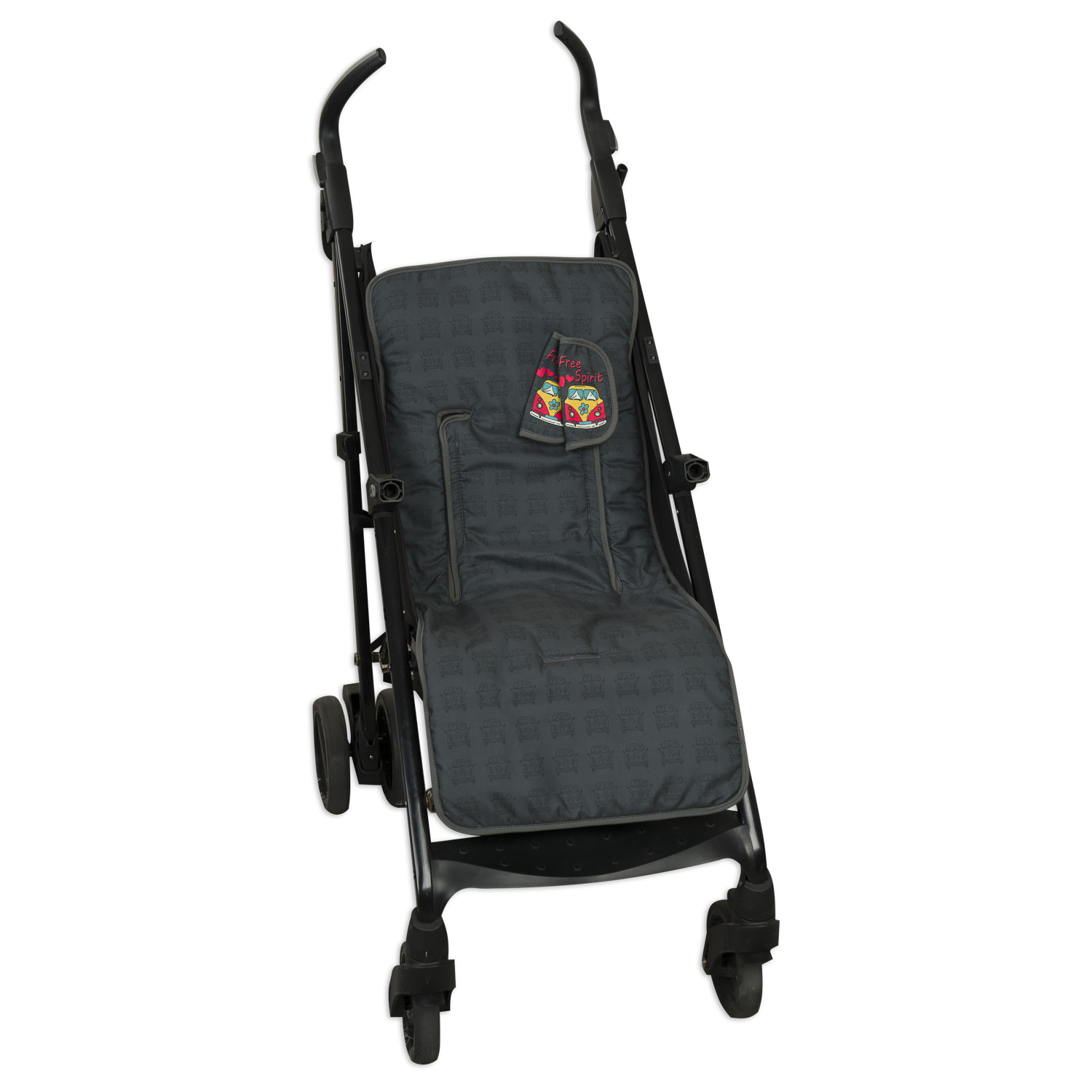 Cochecito negro con asiento gris. El asiento tiene un diseño colorido. Los mangos son negros.
