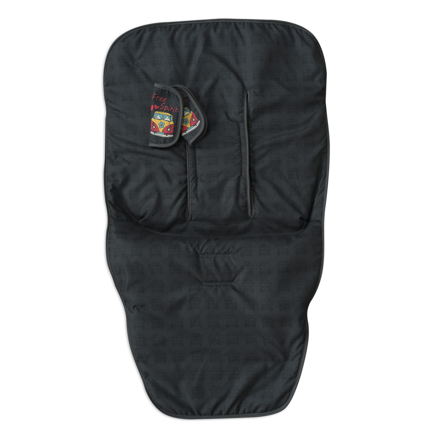 Funda de asiento de cochecito negra con diseño impreso. Fondo blanco.