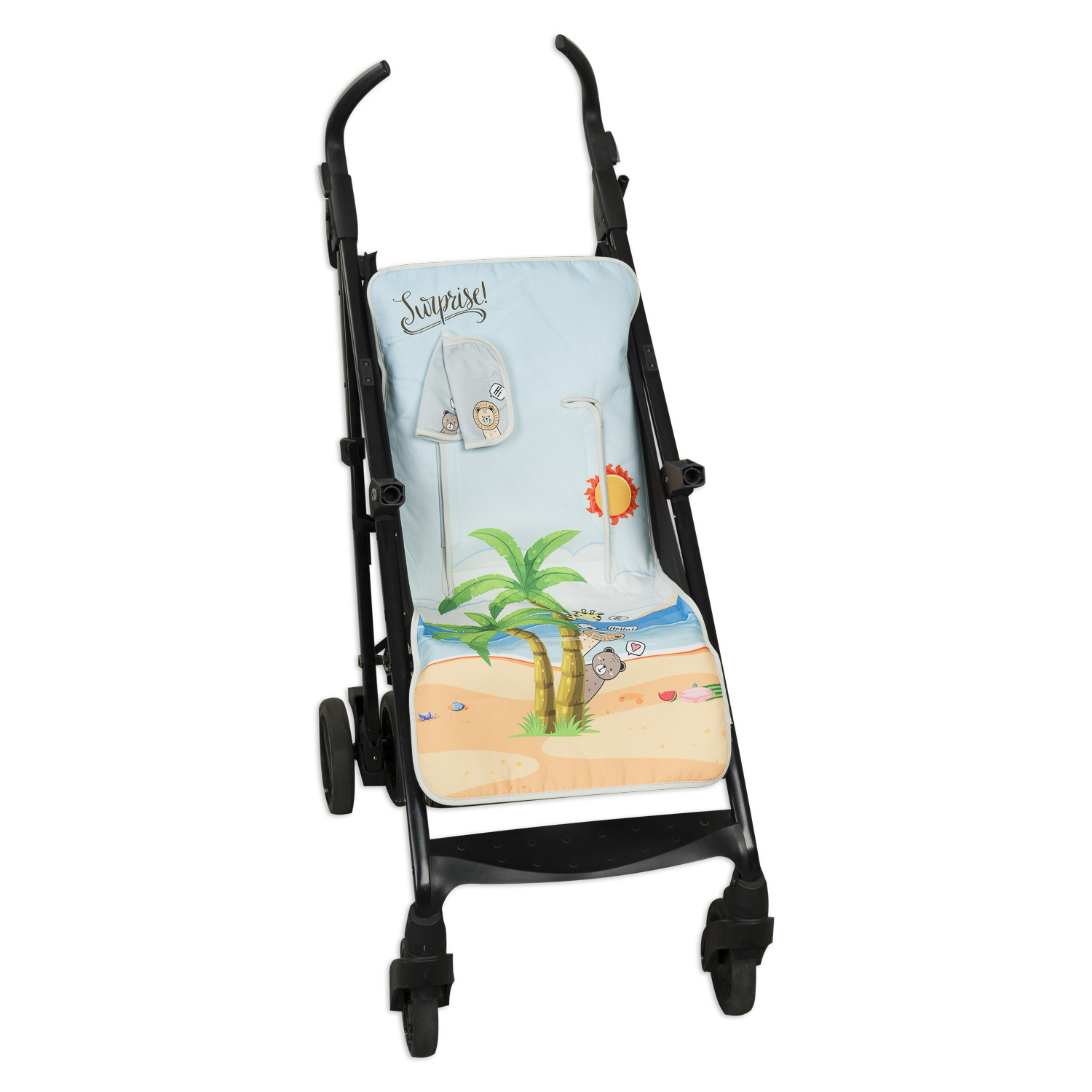 Cochecito de bebé con asiento celeste con escena de playa y palmera.