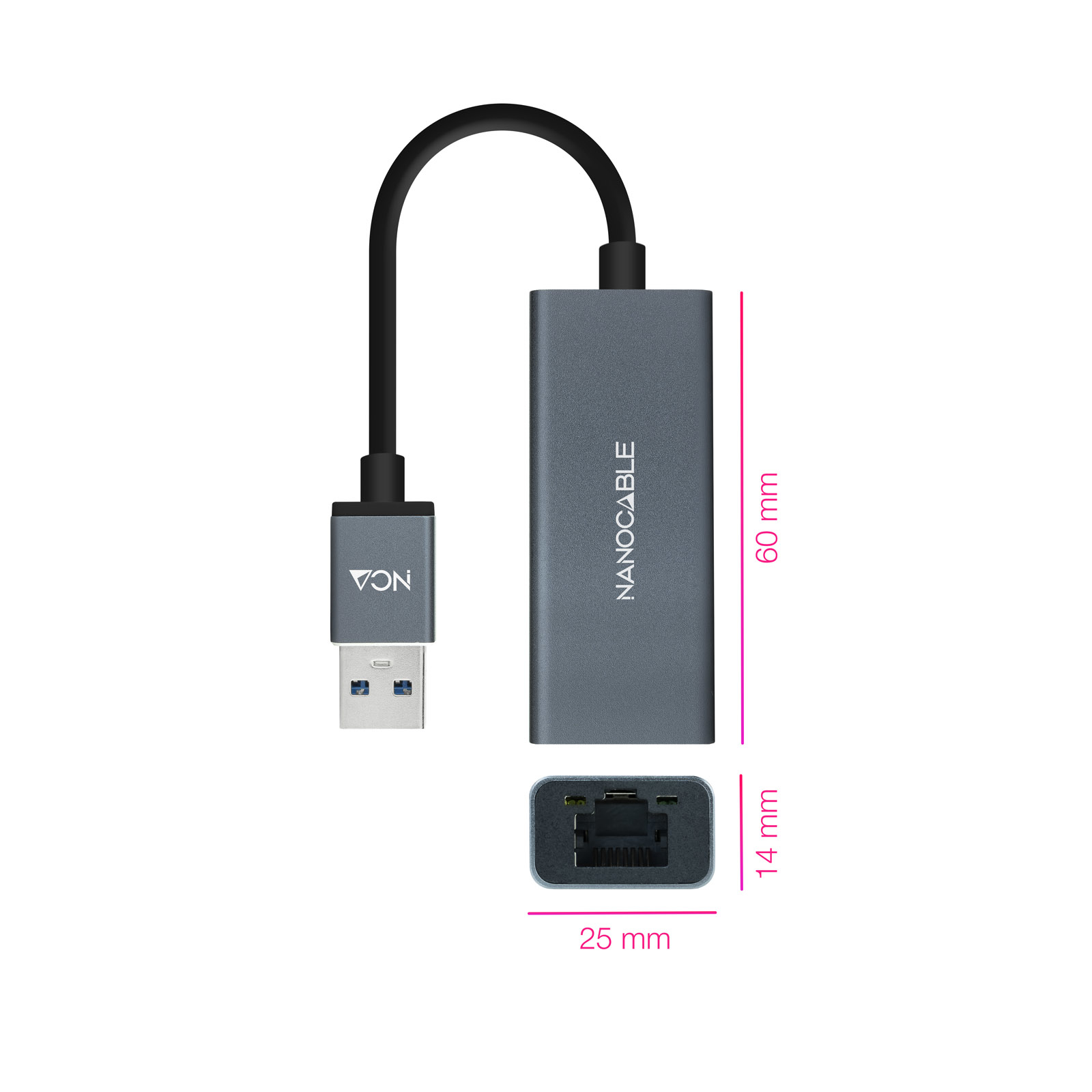 Adaptador USB a Ethernet. El fondo es blanco.