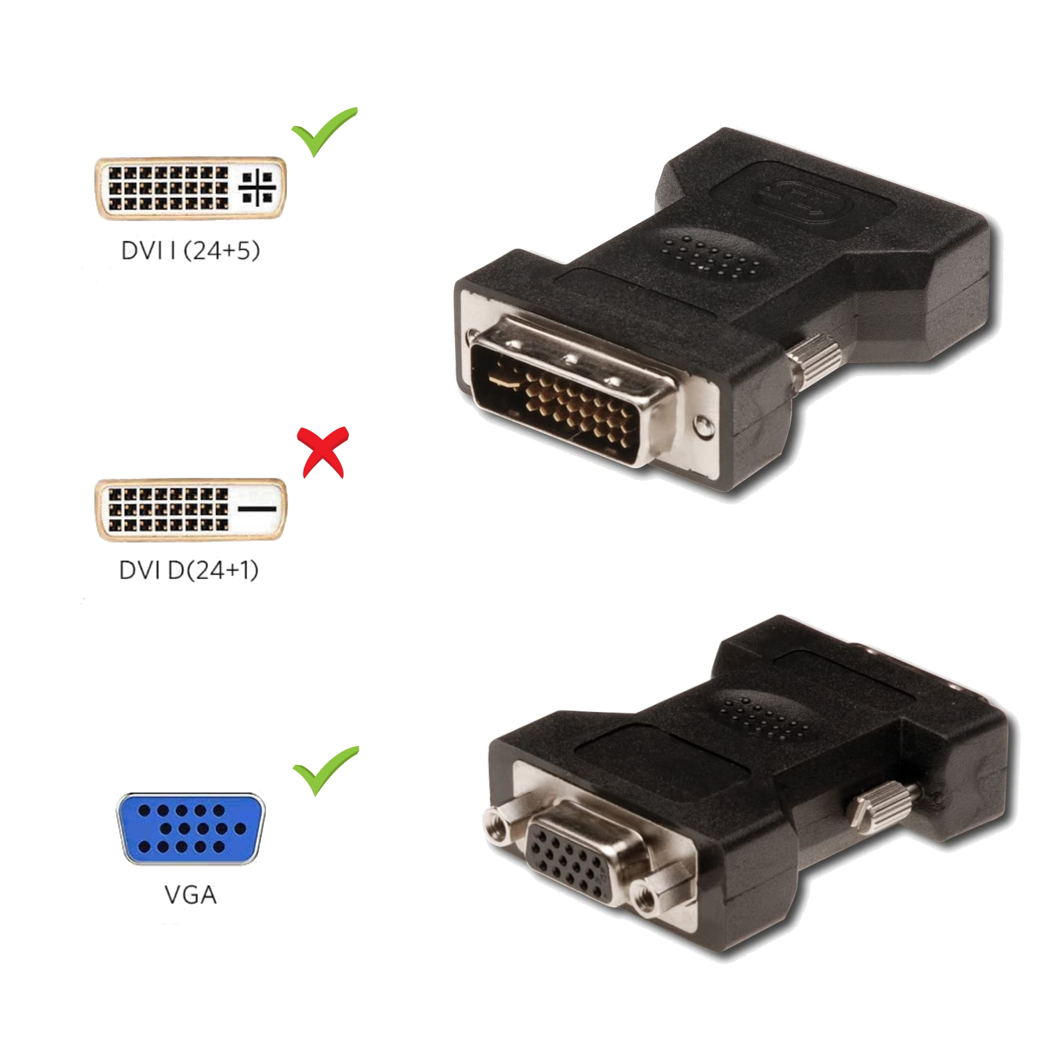 Adattatori DVI e VGA. Lo sfondo è bianco.