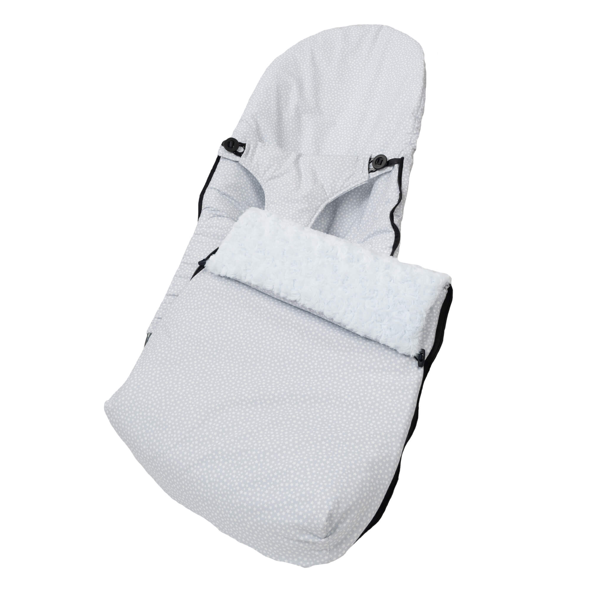 Saco para bebé con estampado de lunares, color blanco y gris.