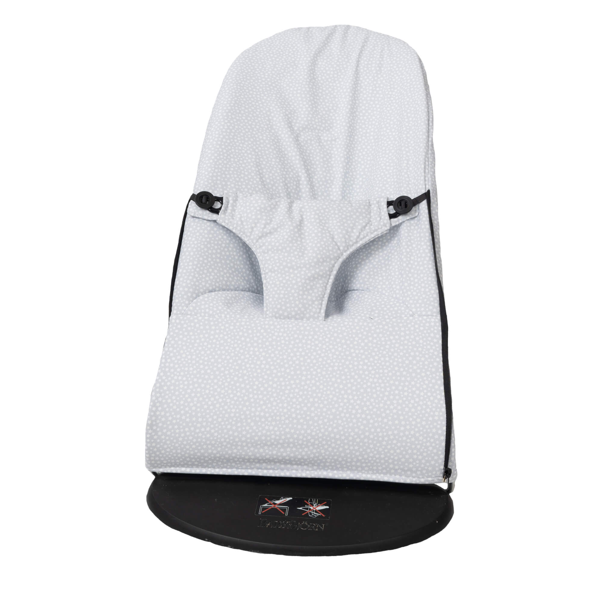Silla hamaca para bebé, estampado de lunares grises y blancos, detalles negros.
