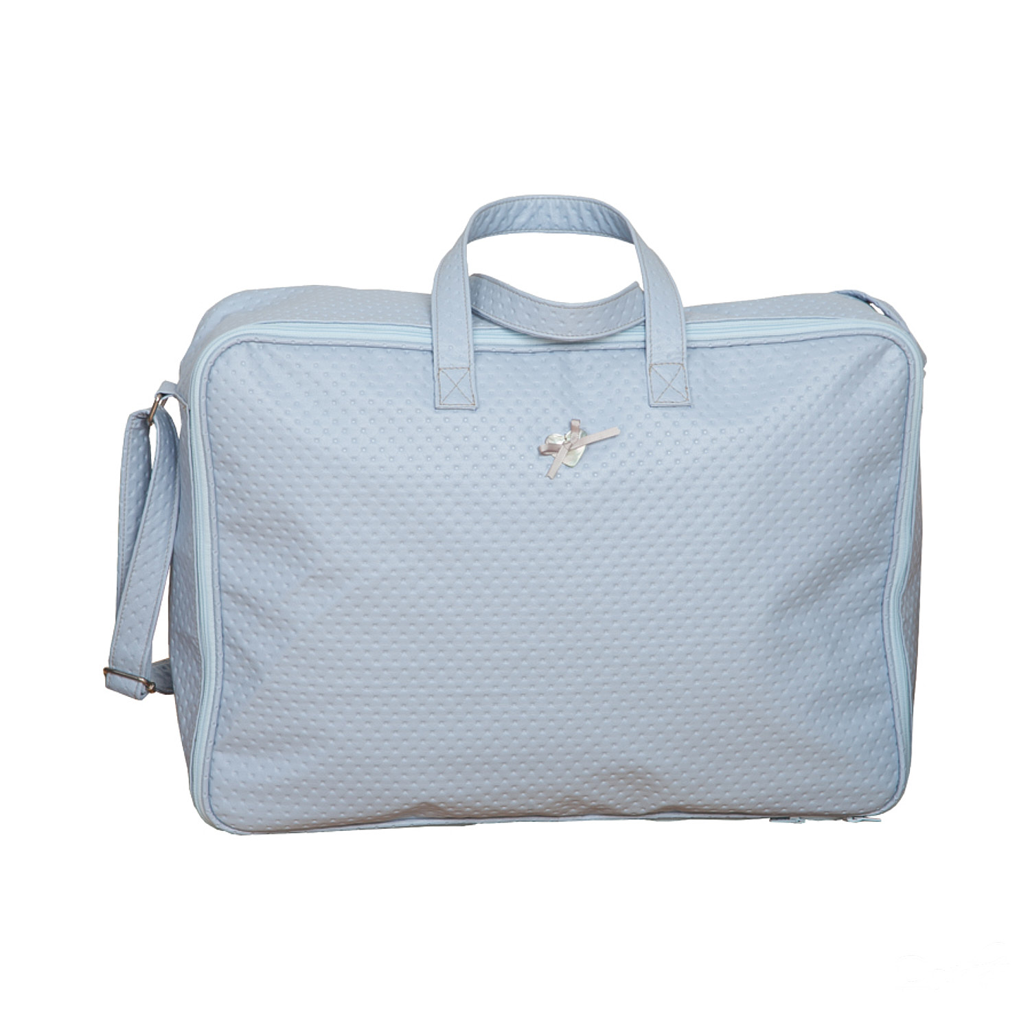 Bolso de bebé azul claro, con patrón acolchado, con asa y bandolera.