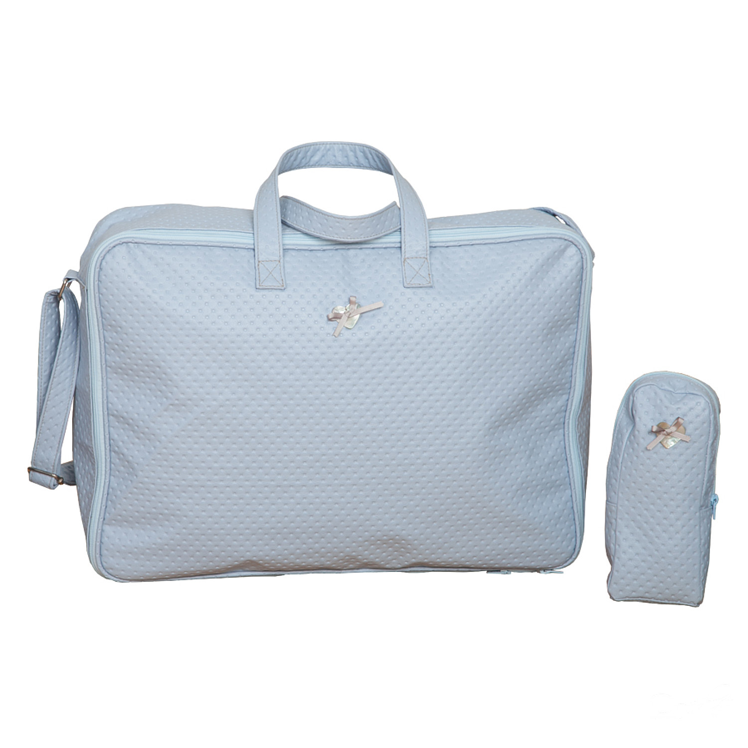 Un juego de bolso para pañales azul claro con una bolsa cambiador a juego.