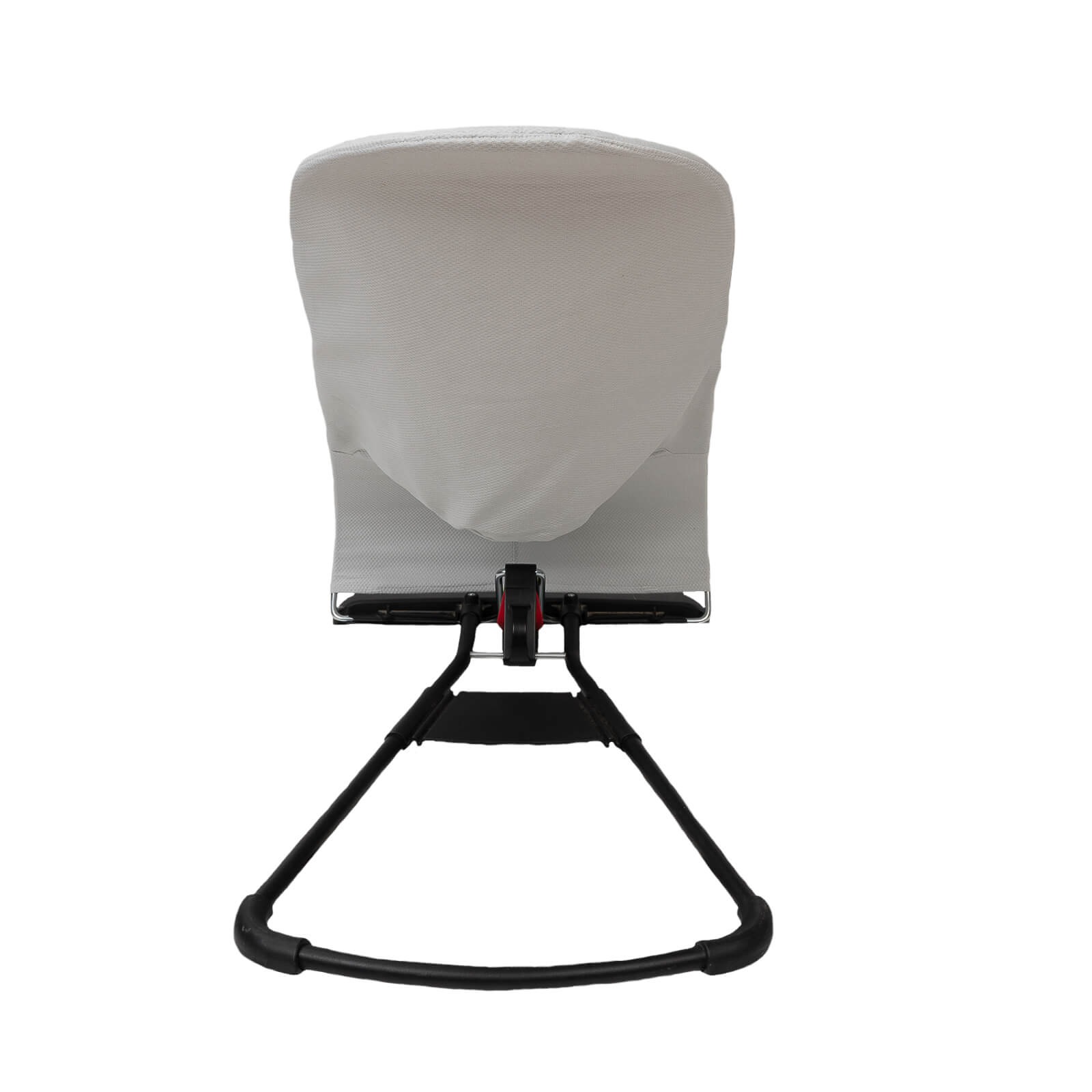 Marco de silla hamaca para bebé con asiento de tela blanca. Marco y detalles negros.