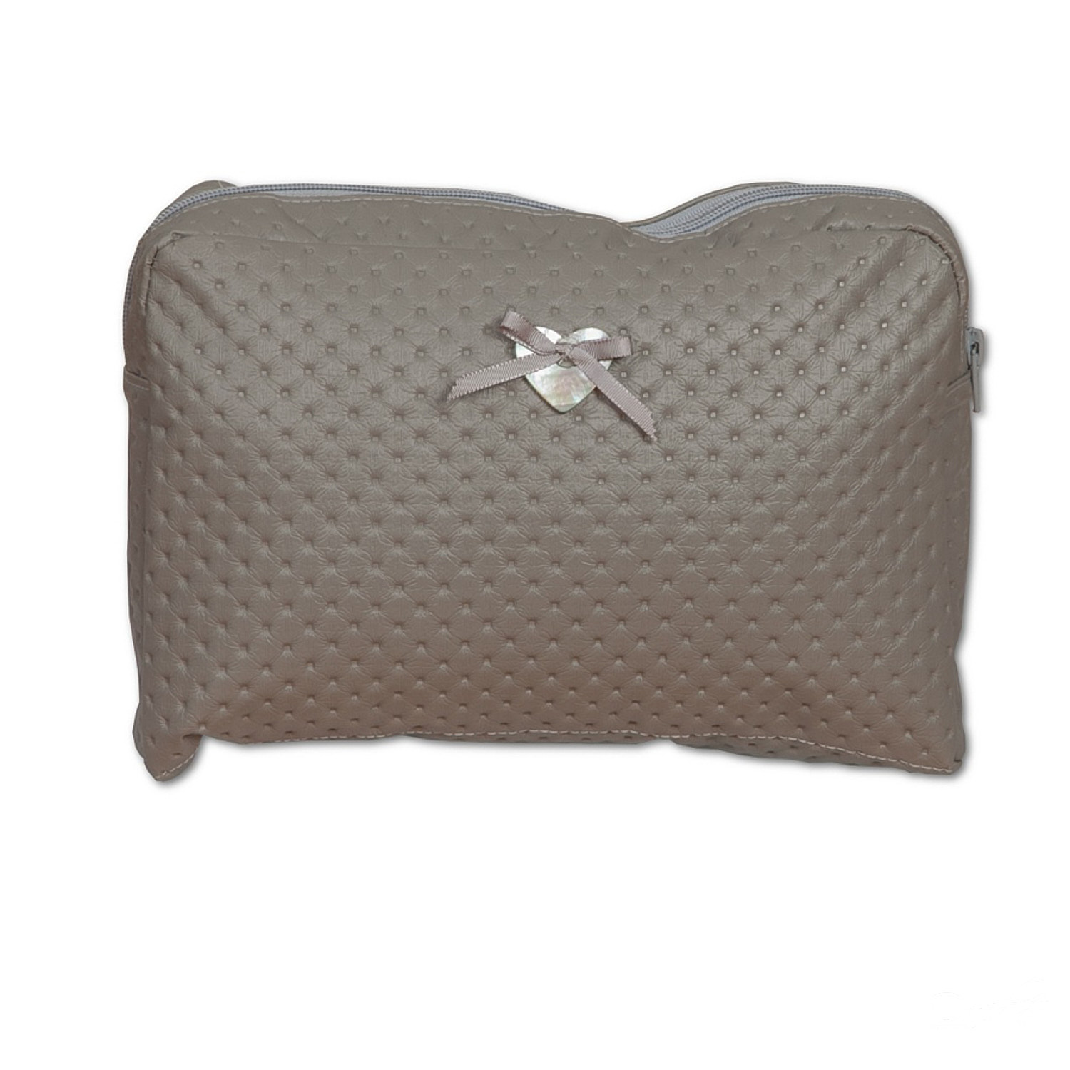 Bolso de bebé beige acolchado con lazo y adorno de corazón.