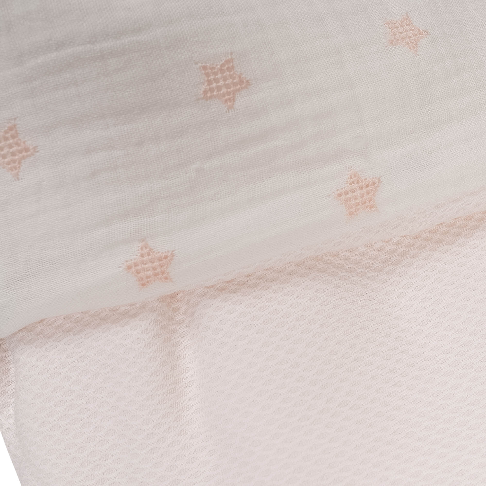 Primer plano de dos capas de tela rosa, una con estrellas y textura de gofre.