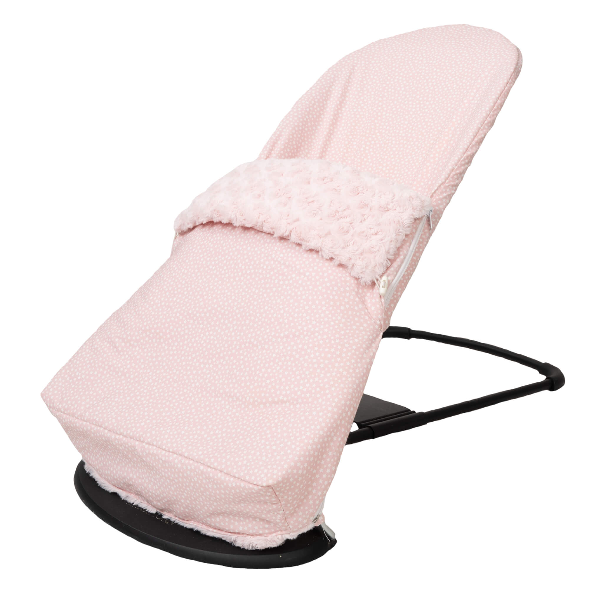 Hamaca para bebé en rosa con lunares blancos y marco negro.