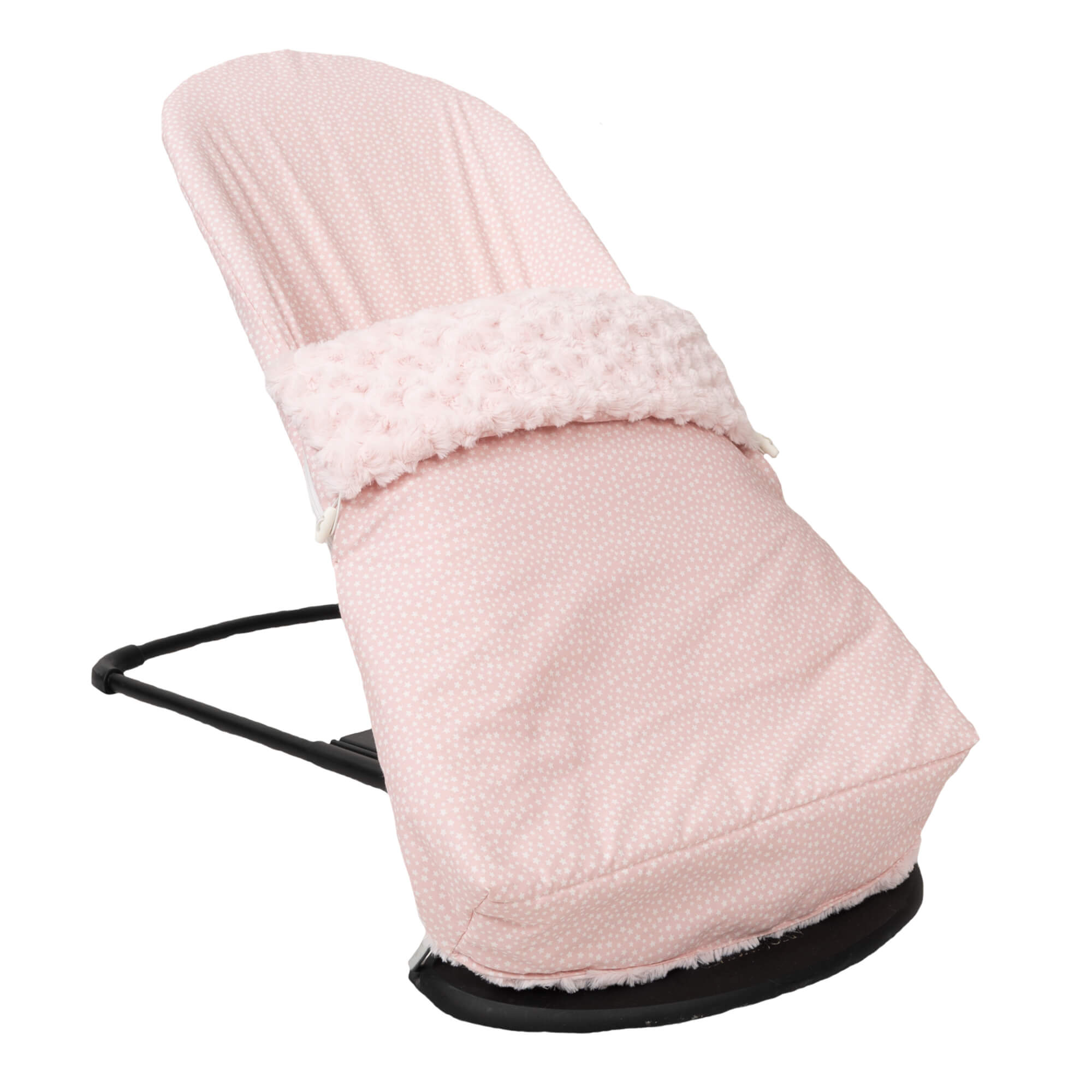 Hamaca para bebé en rosa con lunares blancos y marco negro.
