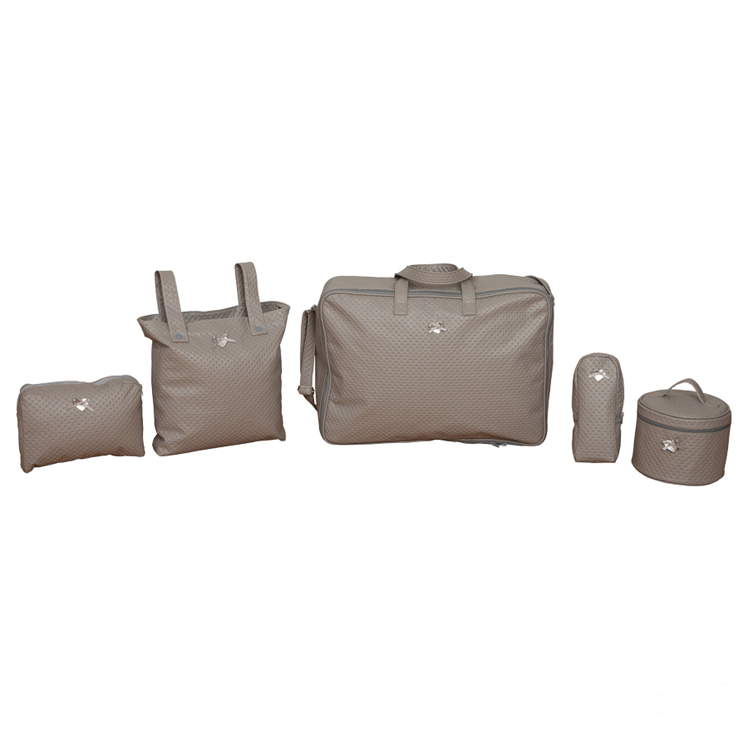 Juego de bolsas color topo, que incluye un bolso tote, una bolsa de viaje, una bolsa de cosméticos y un estuche redondo.