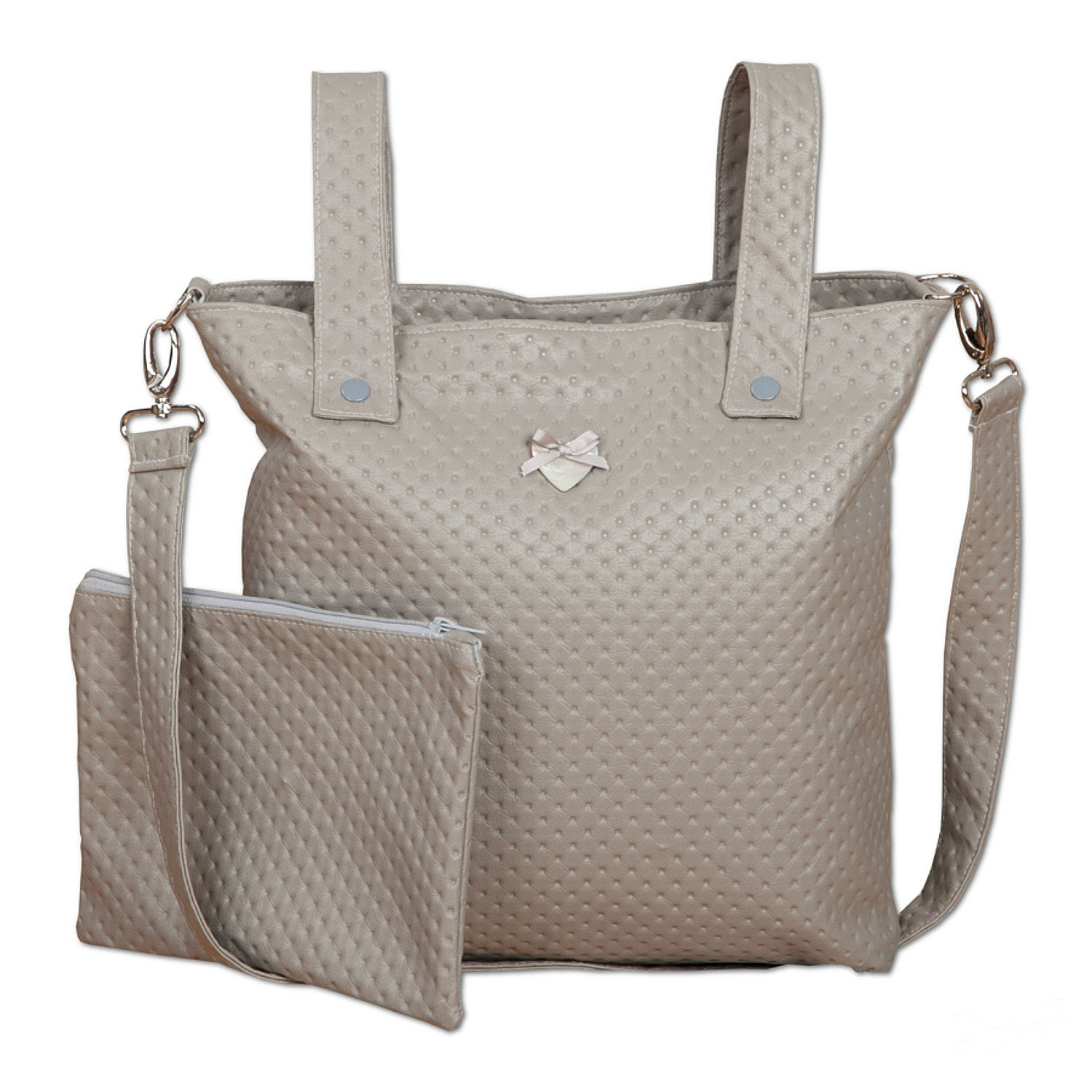 Bolso tote color topo con una bolsa a juego, adornado con un detalle de corazón.