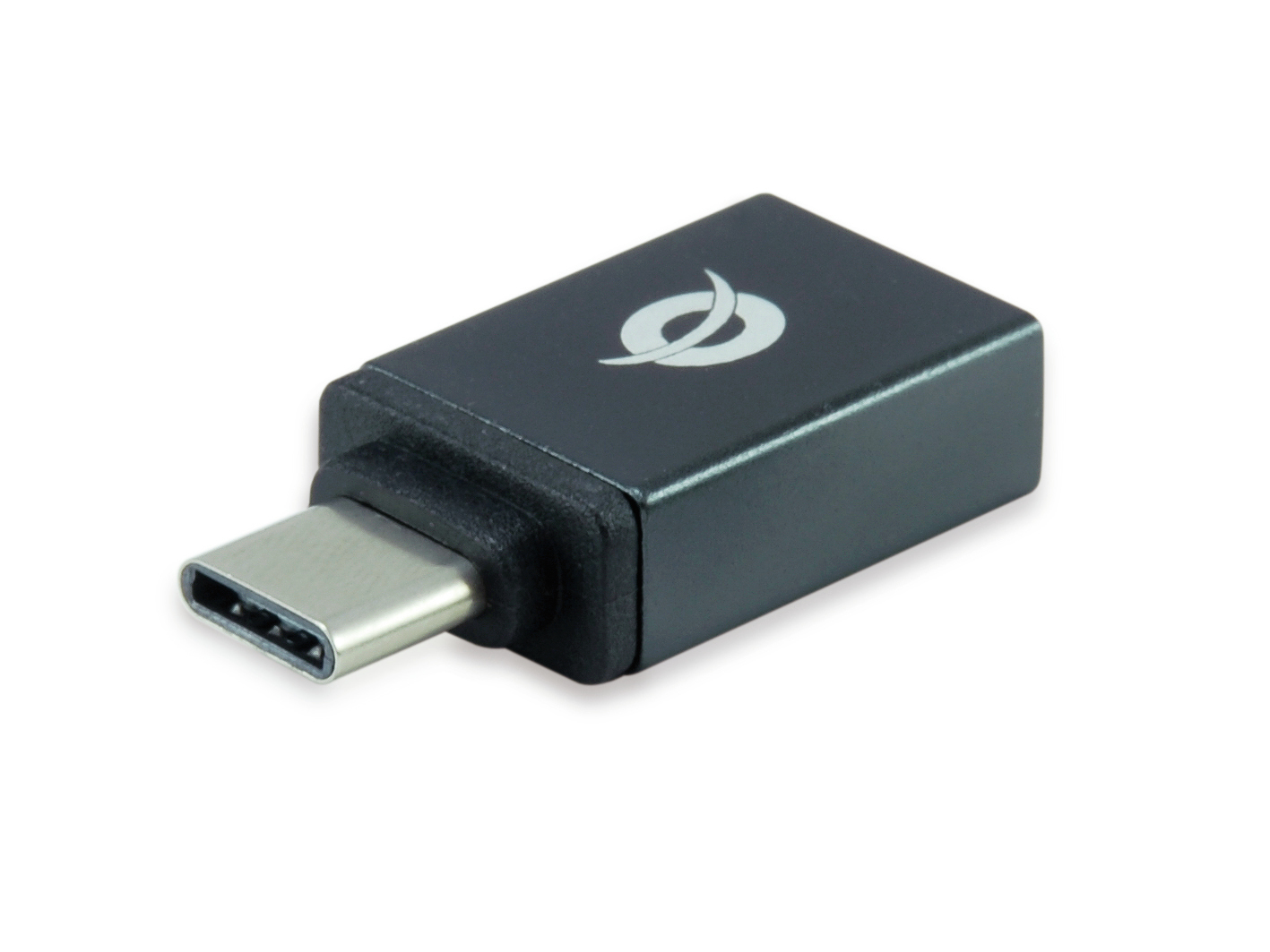 Ein schwarzer USB-C-Adapter mit weißem Logo auf weißem Hintergrund.