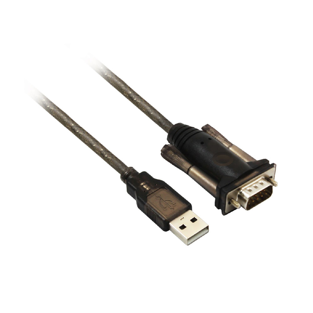 Czarny kabel USB do portu szeregowego na białym tle.