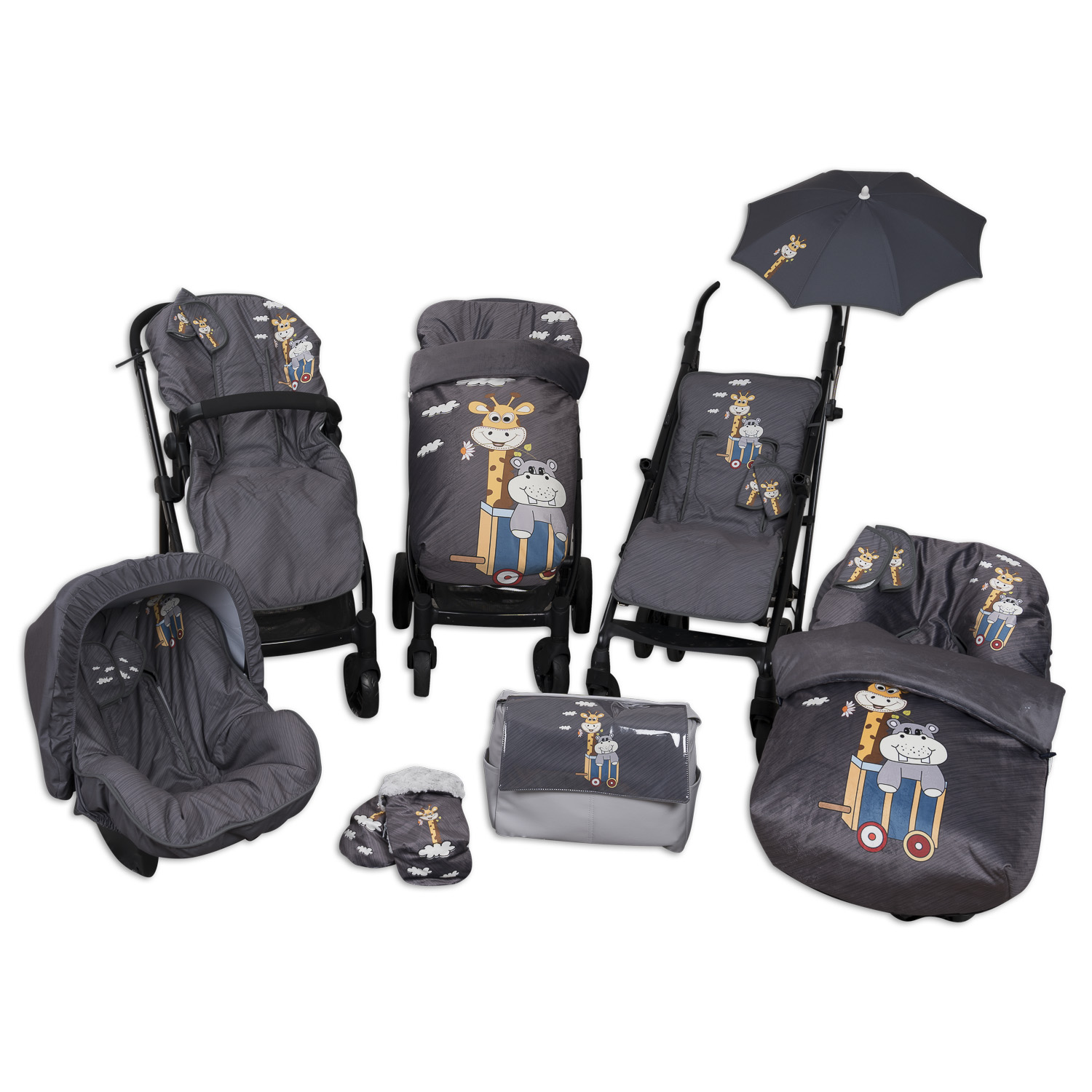 Conjunto de artículos para bebés: cochecito, asiento de coche, cubierta, bolso, manoplas y paraguas, todos con tema de jirafa.