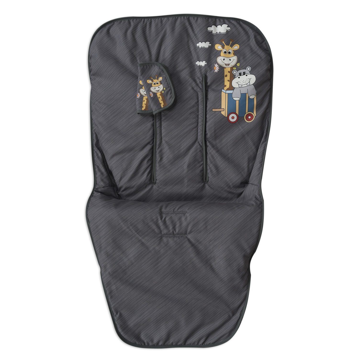 Asiento de bebé gris con ilustraciones de jirafas e hipopótamos, con nubes. Tiene rayas grises oscuras.