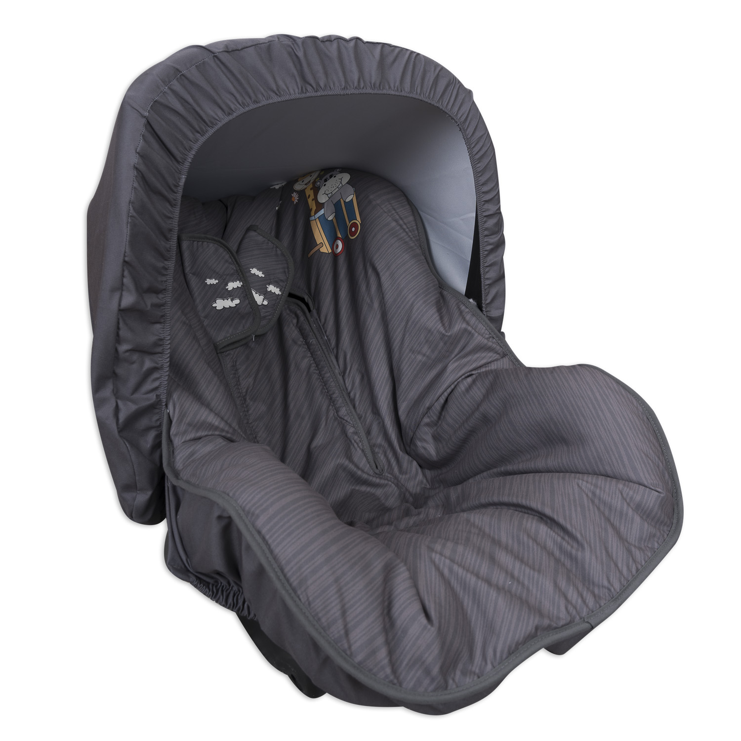 Un asiento de coche para bebé gris con capota, con un diseño de jirafa e hipopótamo.