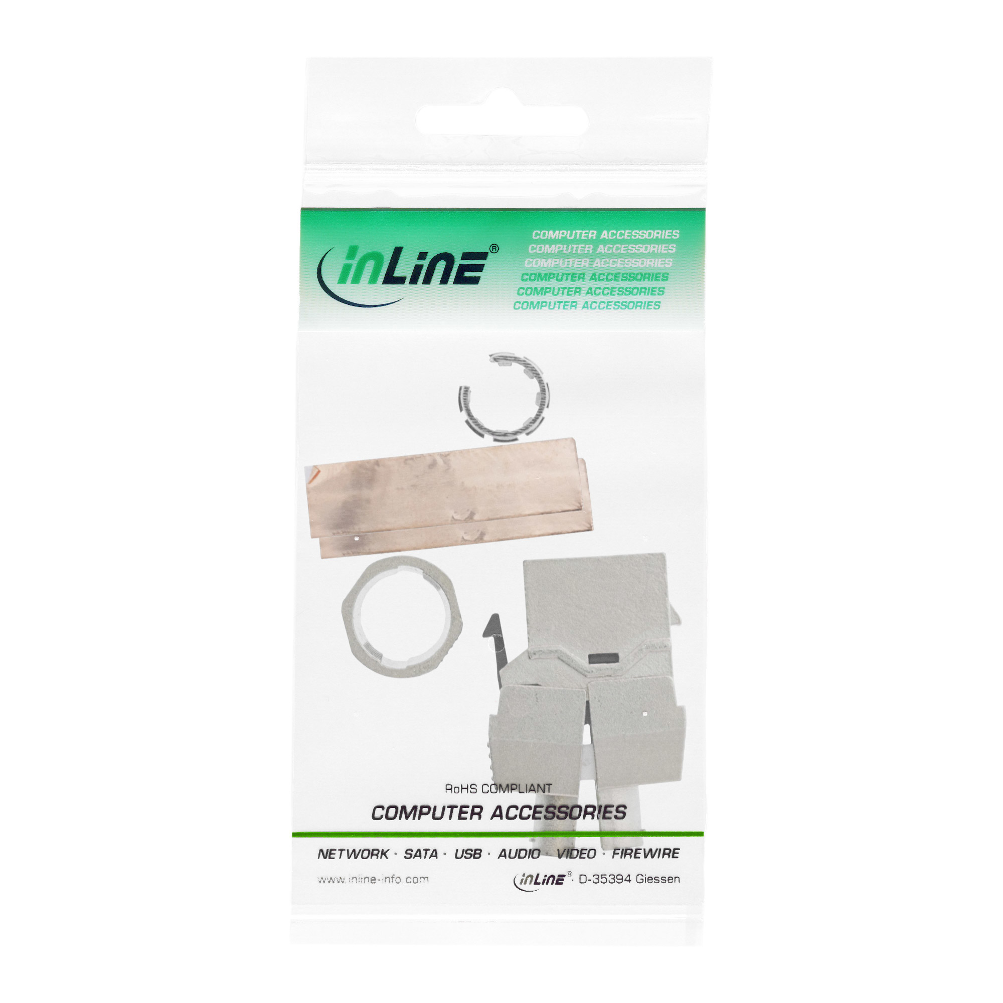 Eine transparente Plastikverpackung mit Computerzubehör, grünes Etikett.
