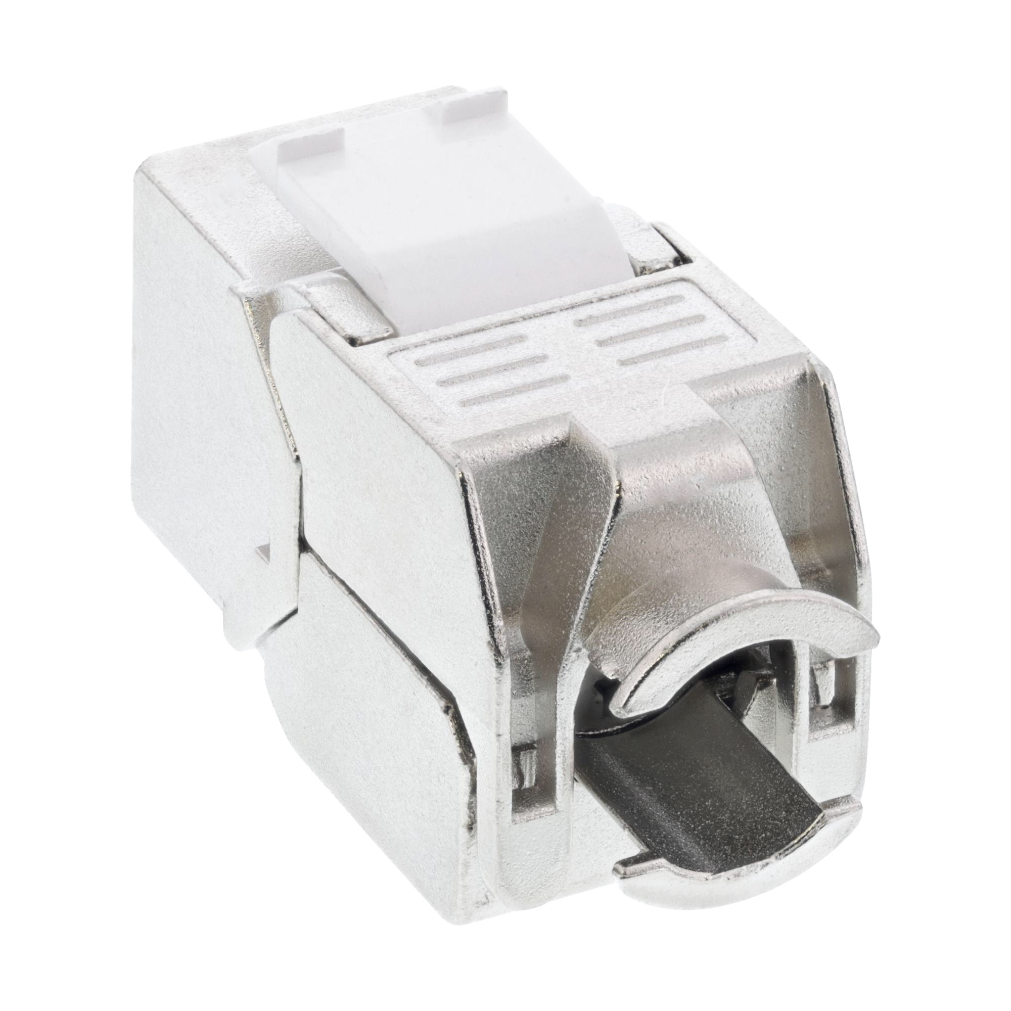 Ein silberfarbener Stecker mit einem weißen Kunststoffteil.