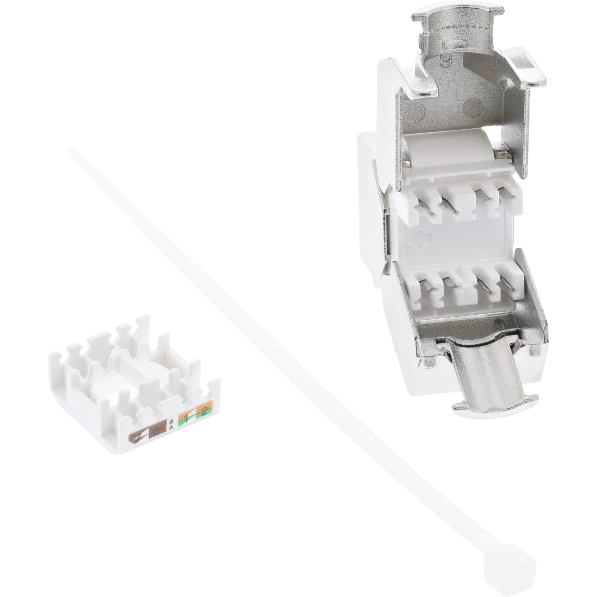 Weißes RJ45-Steckersatz mit Kabelbinder und weißem Kunststoffteil.