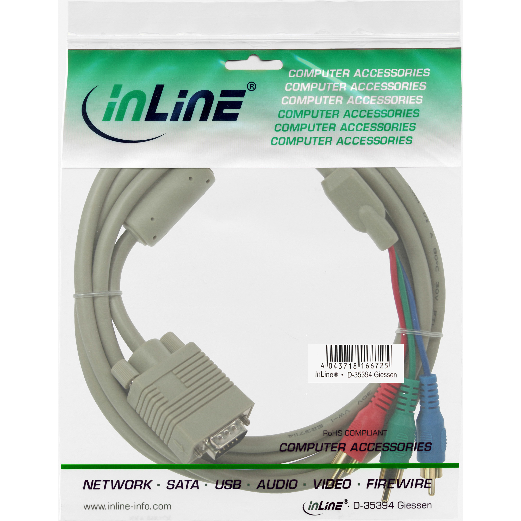 Ein verpacktes VGA-Kabel mit mehreren Steckern.