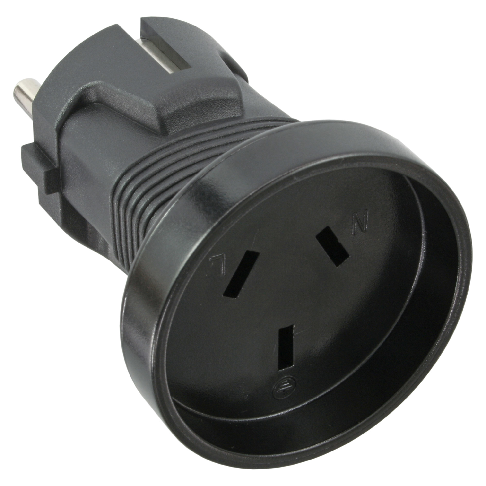 Schwarzer Netzadapter mit dreipoliger Steckdose und zweipoligem Stecker.