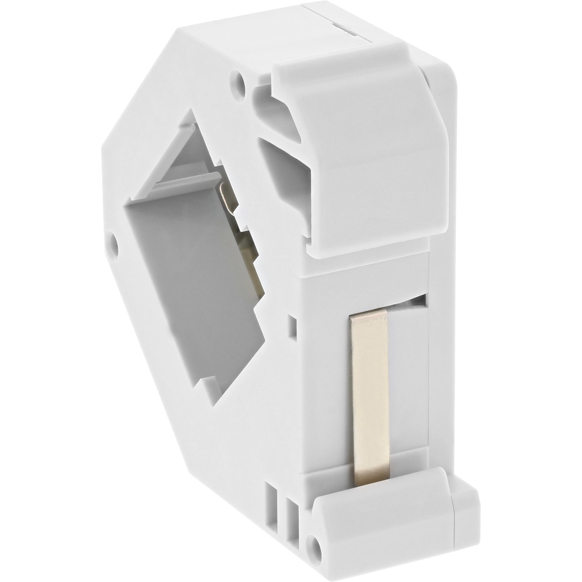 Weißer Kunststoffstecker mit Metallclip.