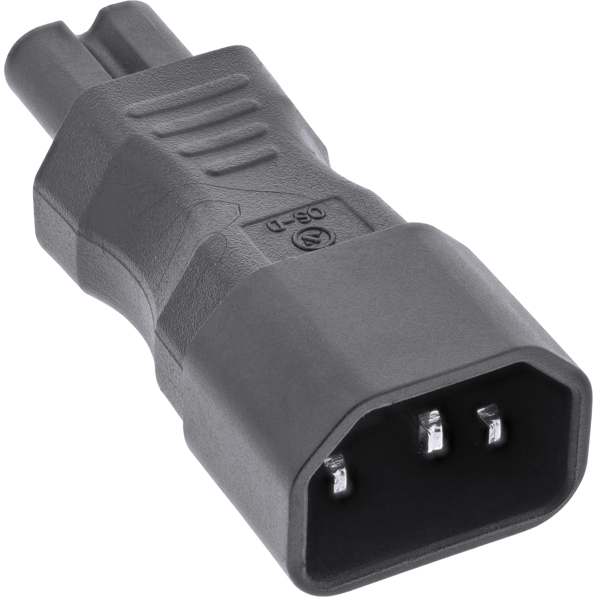 Dunkelgrauer Netzadapter mit drei Stiften. Schwarzer Kunststoff.