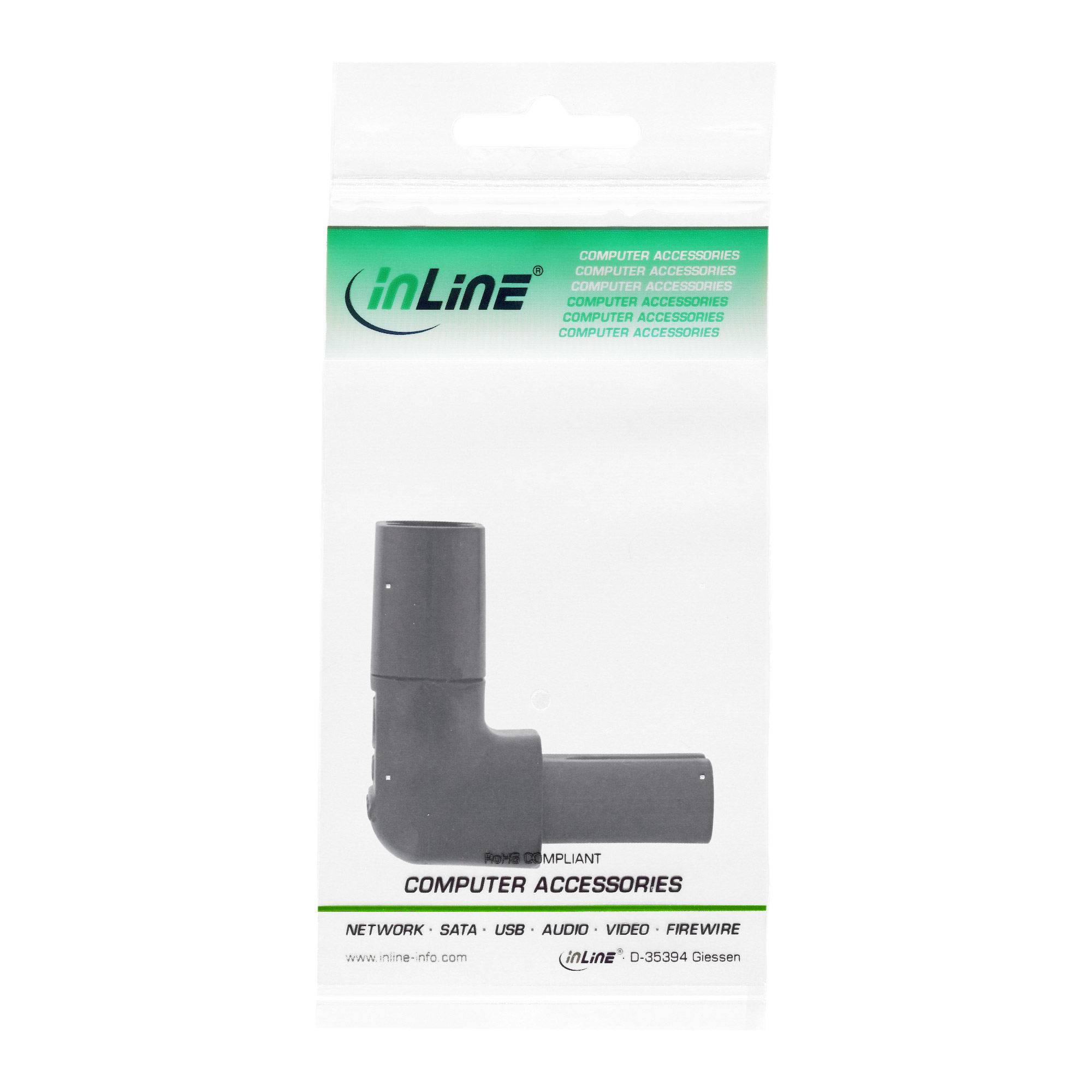 Schwarzer Computeradapter in einer durchsichtigen Plastikverpackung. Text: Computerzubehör. Marke: inLine.