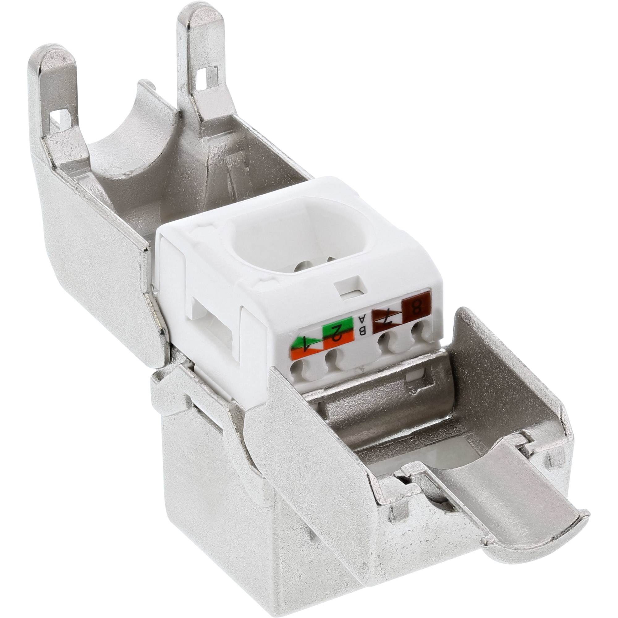 Metall-RJ45-Stecker mit weißem Kunststoffeinsatz. Grüne, braune und orangefarbene Markierungen.