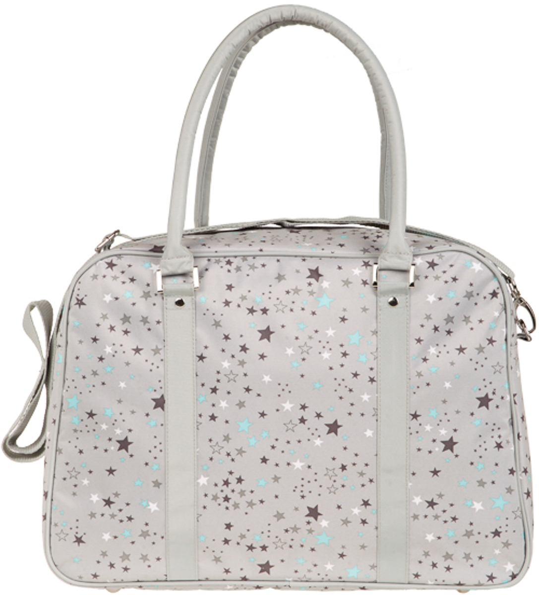 Bolso de bebé gris con estampado de estrellas, dos asas y bandolera. Fondo blanco.