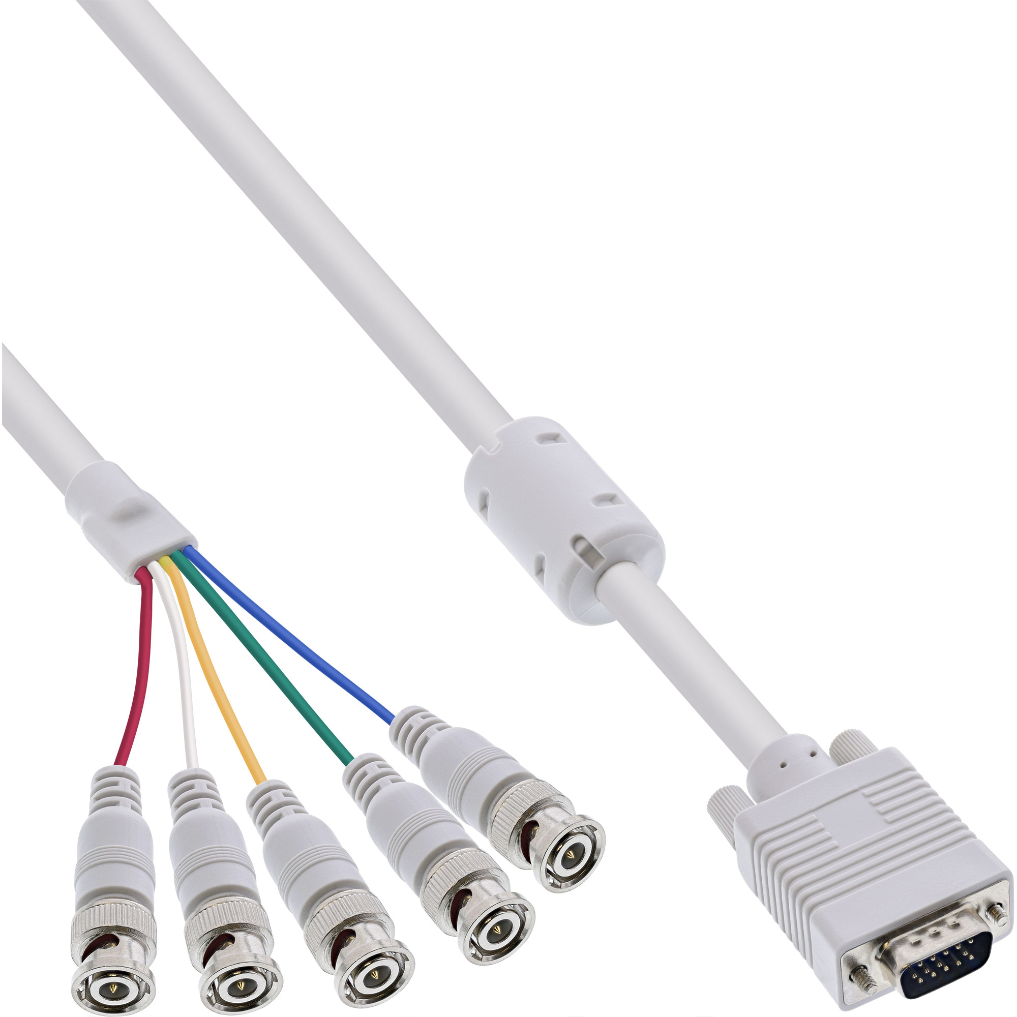Weißes VGA-zu-BNC-Kabel mit mehreren Anschlüssen. Farbige Drähte sichtbar.