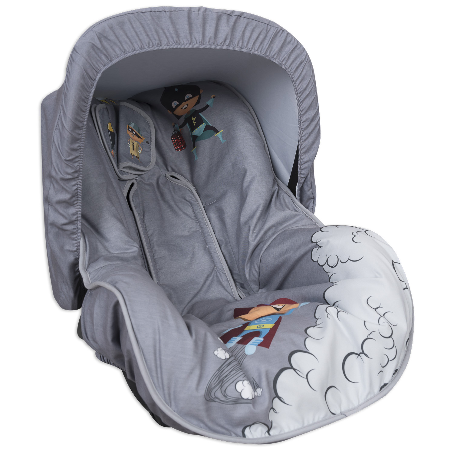 Asiento de coche para bebé gris con tema de superhéroe. Figuras de superhéroes en el toldo.