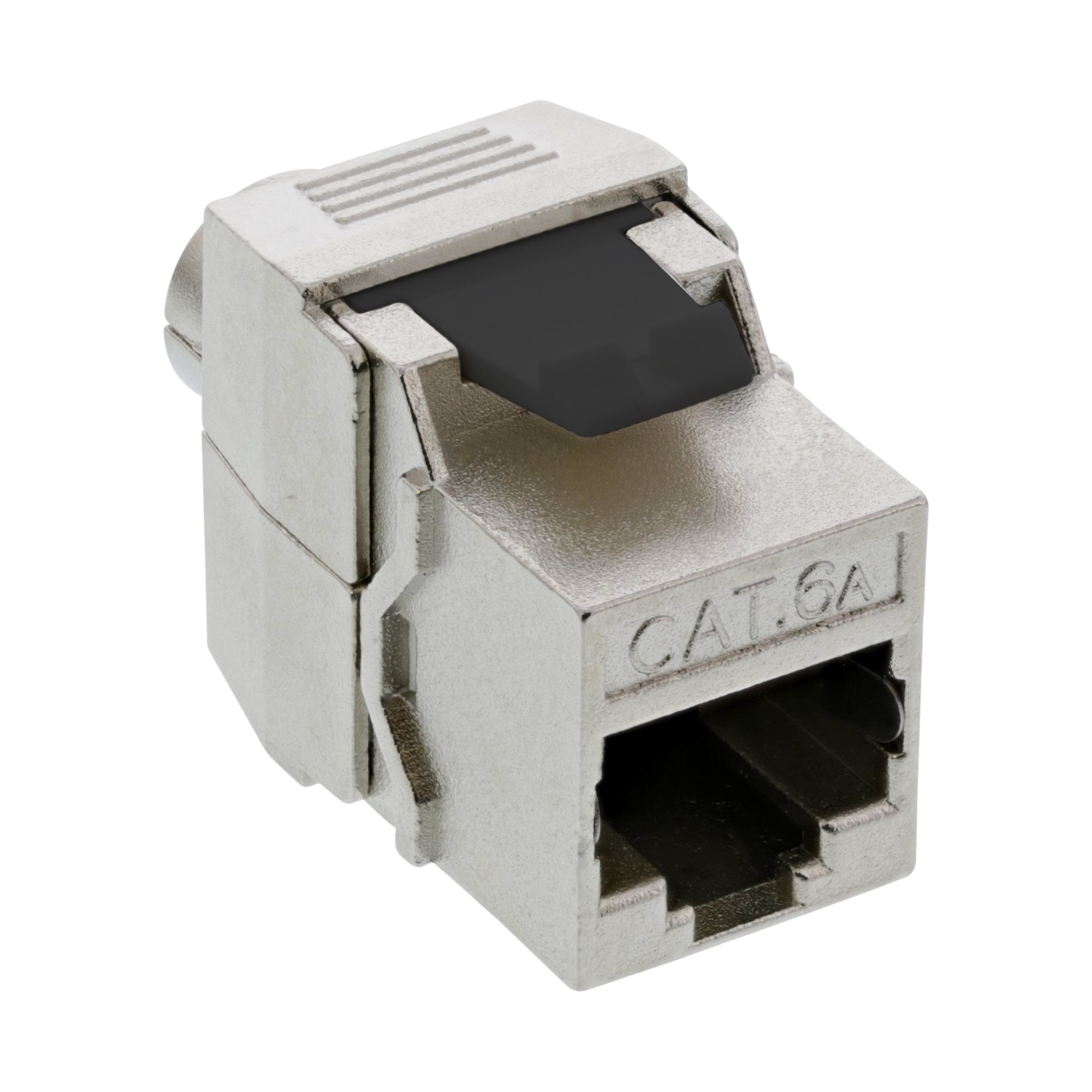 Silberner Cat 6A-Stecker mit schwarzem Kunststoffeinsatz. Der Text CAT.6A ist sichtbar.