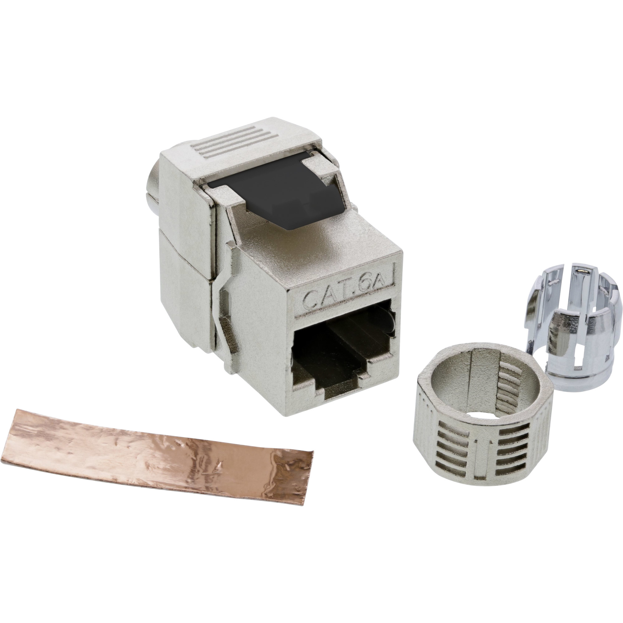 Silberner Cat 6A-Stecker mit schwarzem Kunststoffeinsatz und anderen Komponenten.