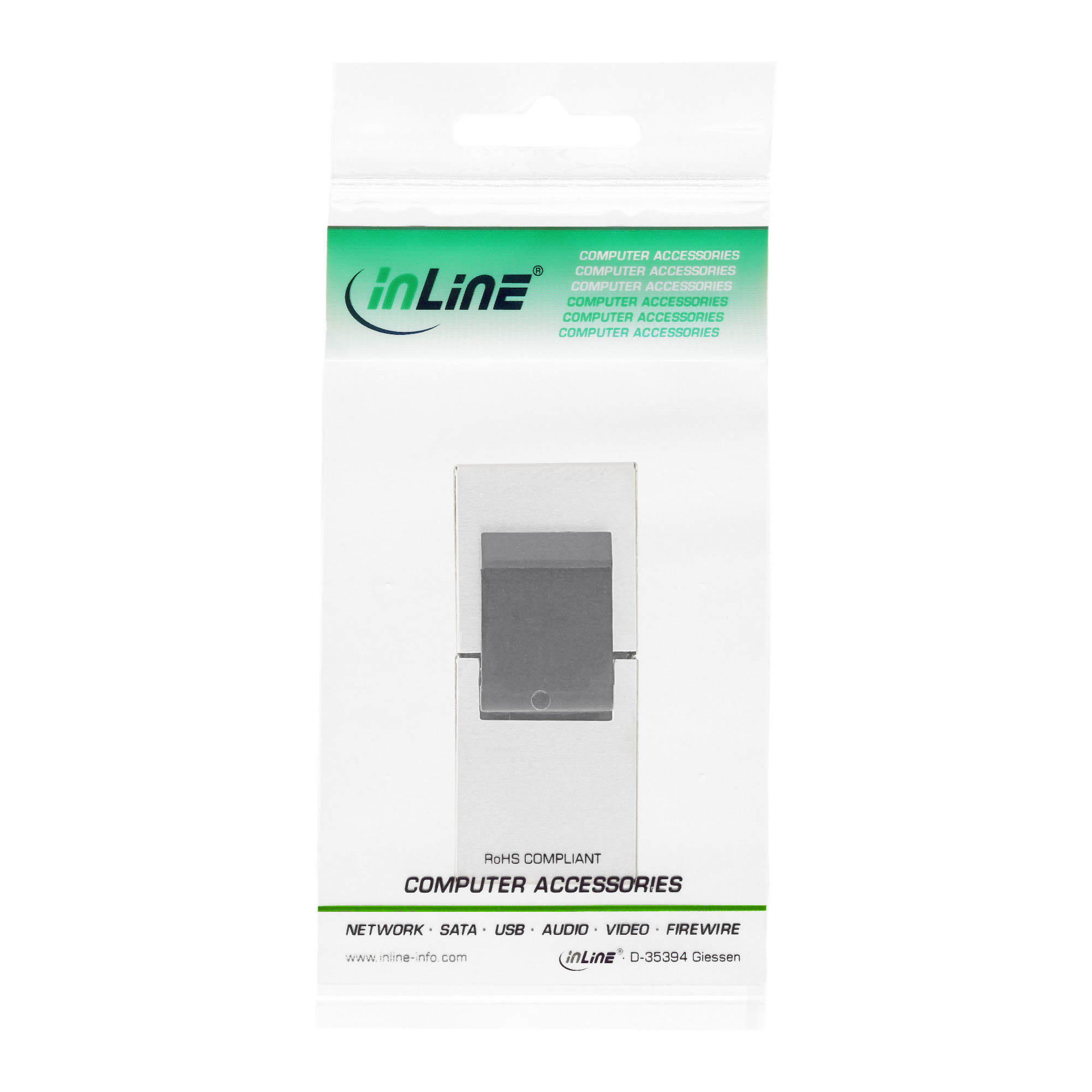 Paket mit USB-Adapter, Text in Grün, weißer Hintergrund.