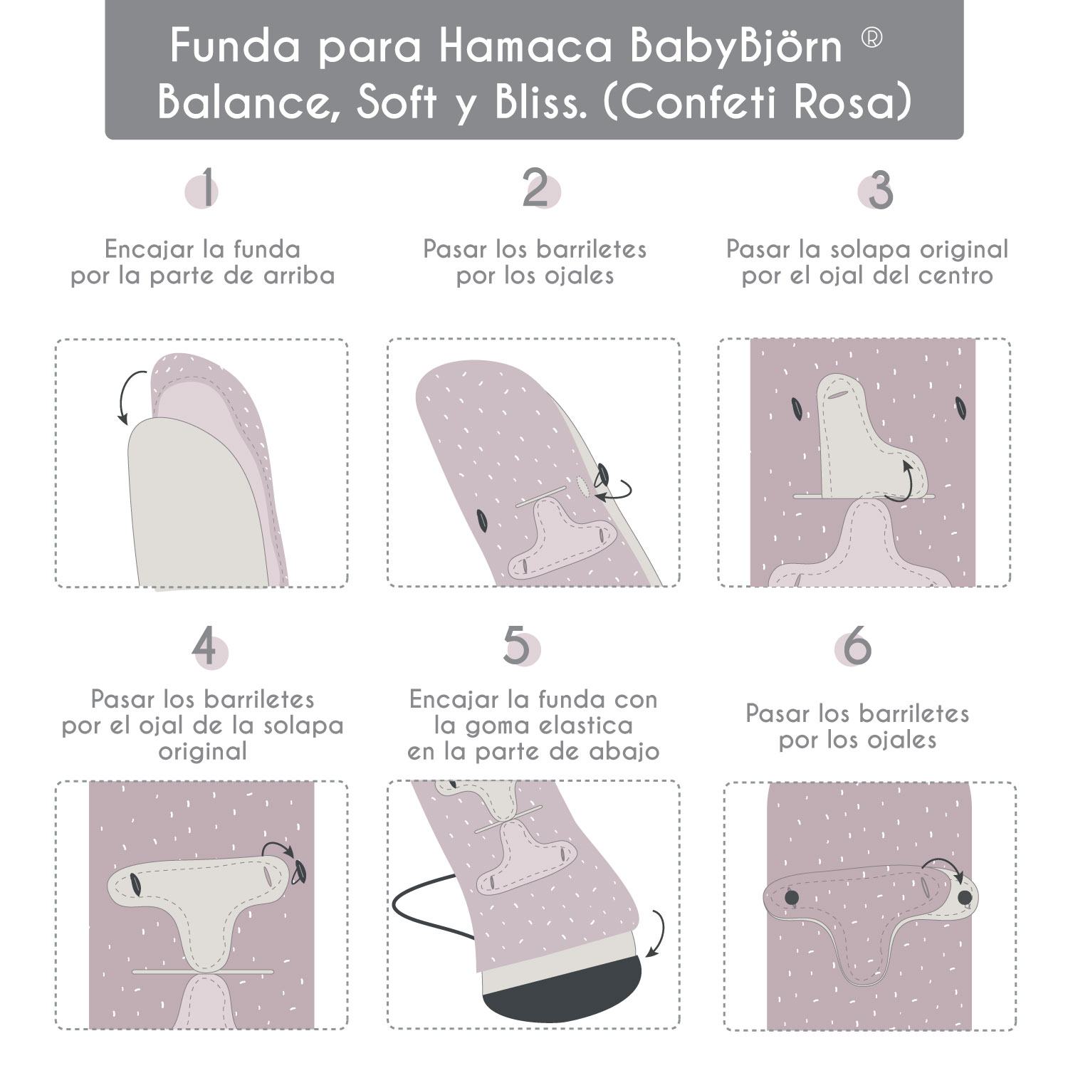 Instrucciones para colocar una funda de hamaca, con pasos numerados e ilustraciones.