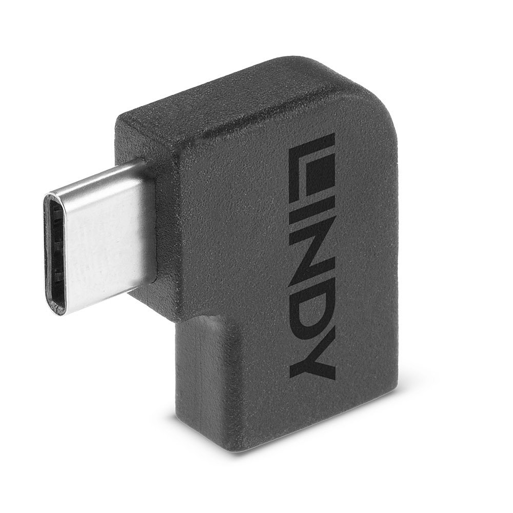 Czarny adapter USB-C w kształcie litery L z tekstem 'LINDY', białe tło.